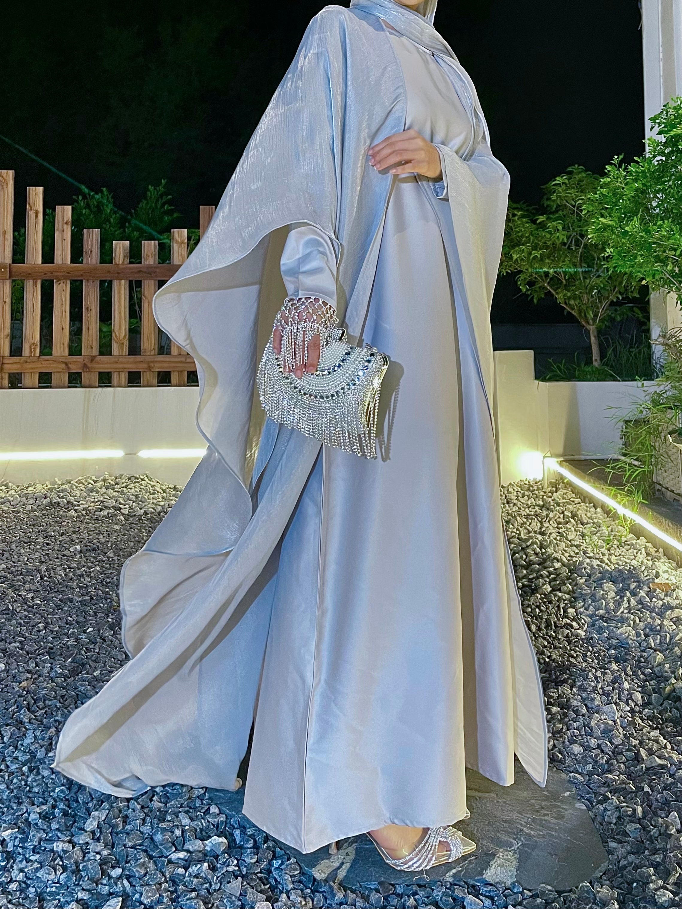 #LY06 Elegant butterfly organza abaya set, shimmer abaya set with inner dress and hijab