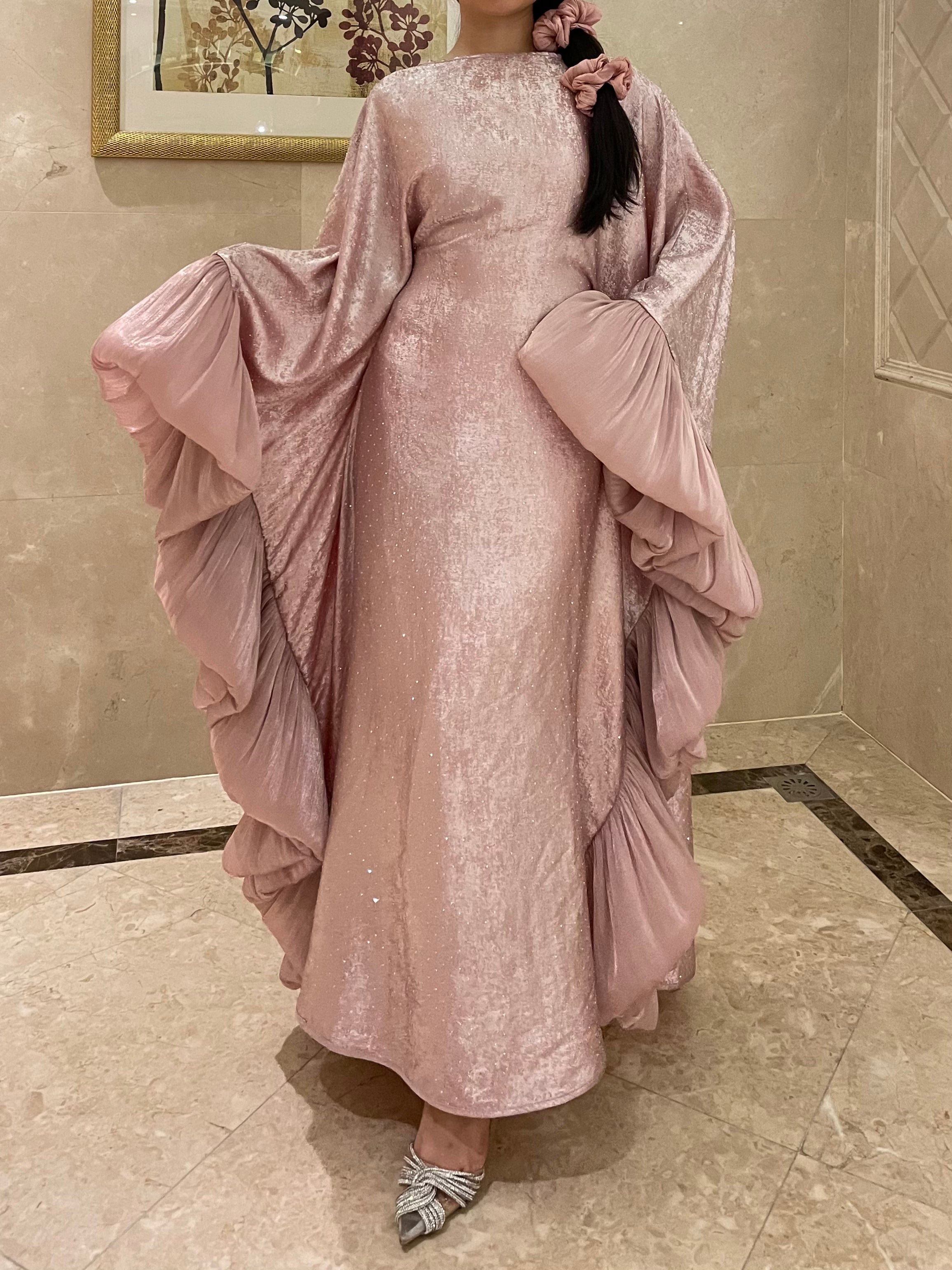 LY19 Two-piece sparkling satin caftan abaya , butterfly glitter abaya with hijab