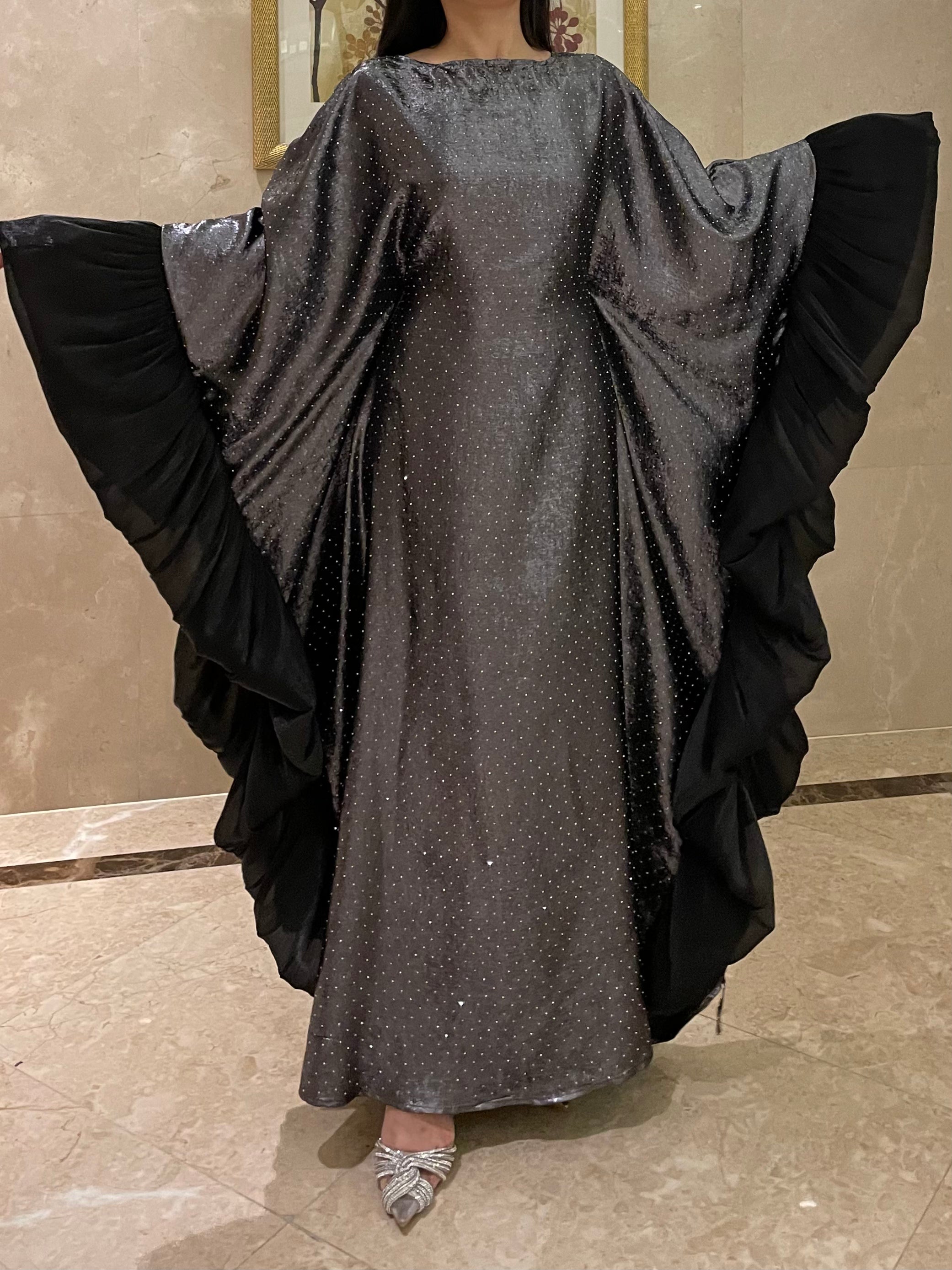 LY19 Two-piece sparkling satin caftan abaya , butterfly glitter abaya with hijab