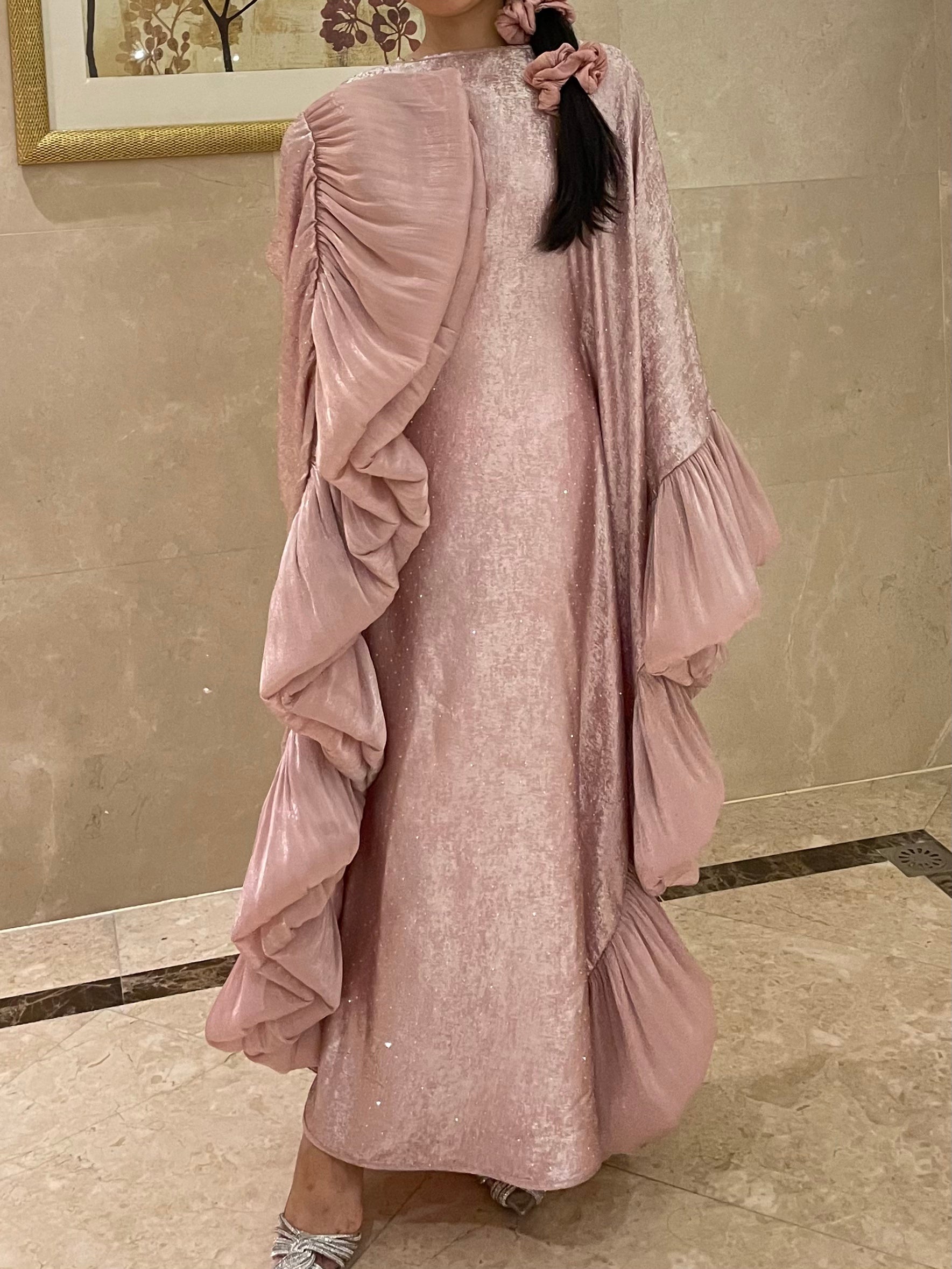 LY19 Two-piece sparkling satin caftan abaya , butterfly glitter abaya with hijab