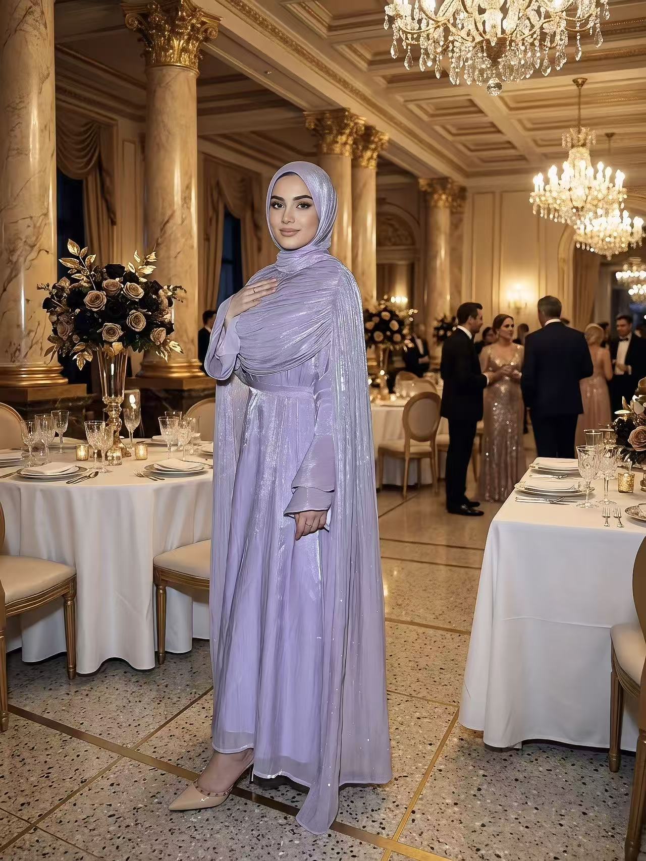 #LY30Elegant Pleated Cape Long Robe, Fashion Reflective Fabric Evening Gown, Suitable for Various Parties and Celebrations, Muslim Women's Dress