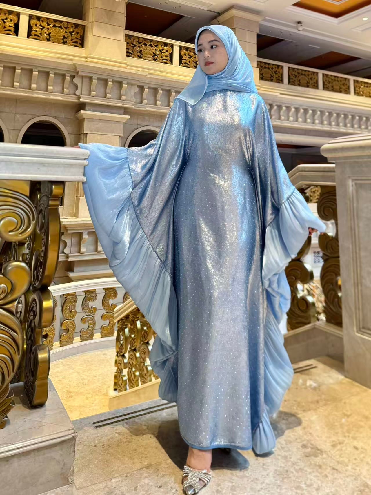 LY19 Two-piece sparkling satin caftan abaya , butterfly glitter abaya with hijab