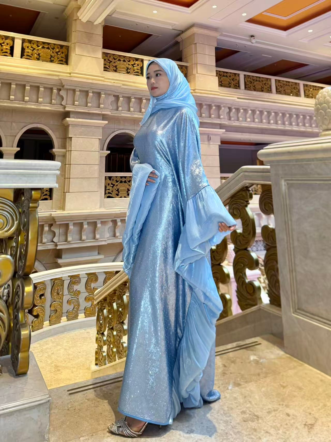 LY19 Two-piece sparkling satin caftan abaya , butterfly glitter abaya with hijab
