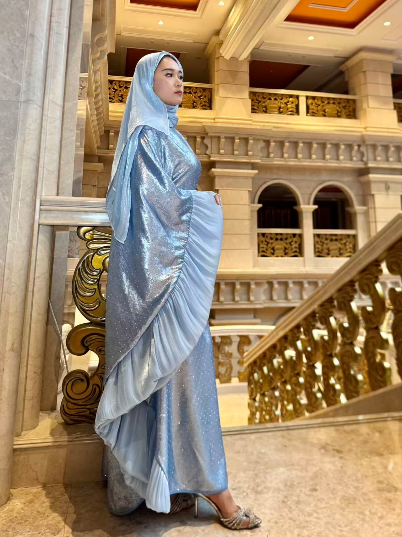 LY19 Two-piece sparkling satin caftan abaya , butterfly glitter abaya with hijab