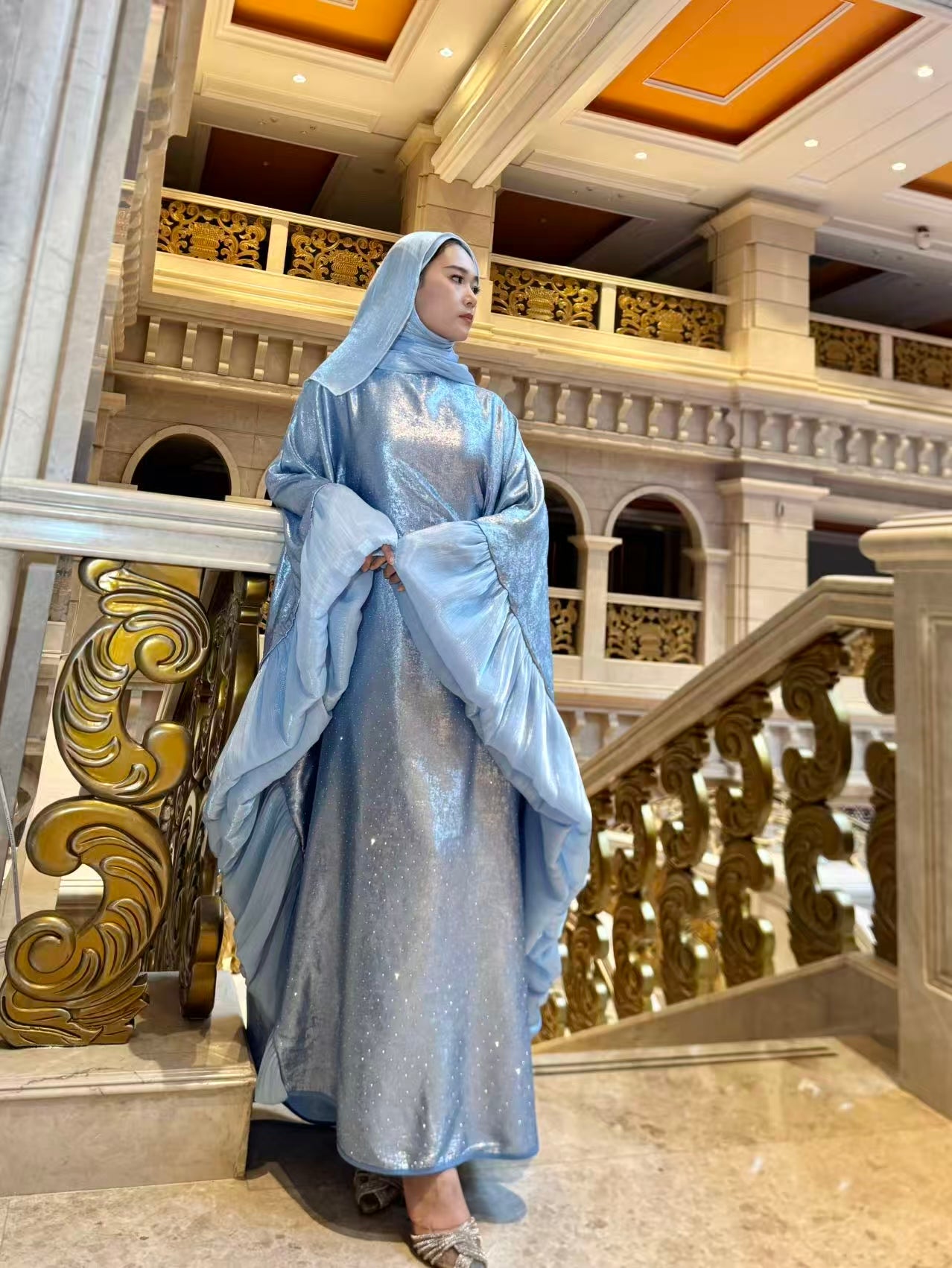 LY19 Two-piece sparkling satin caftan abaya , butterfly glitter abaya with hijab