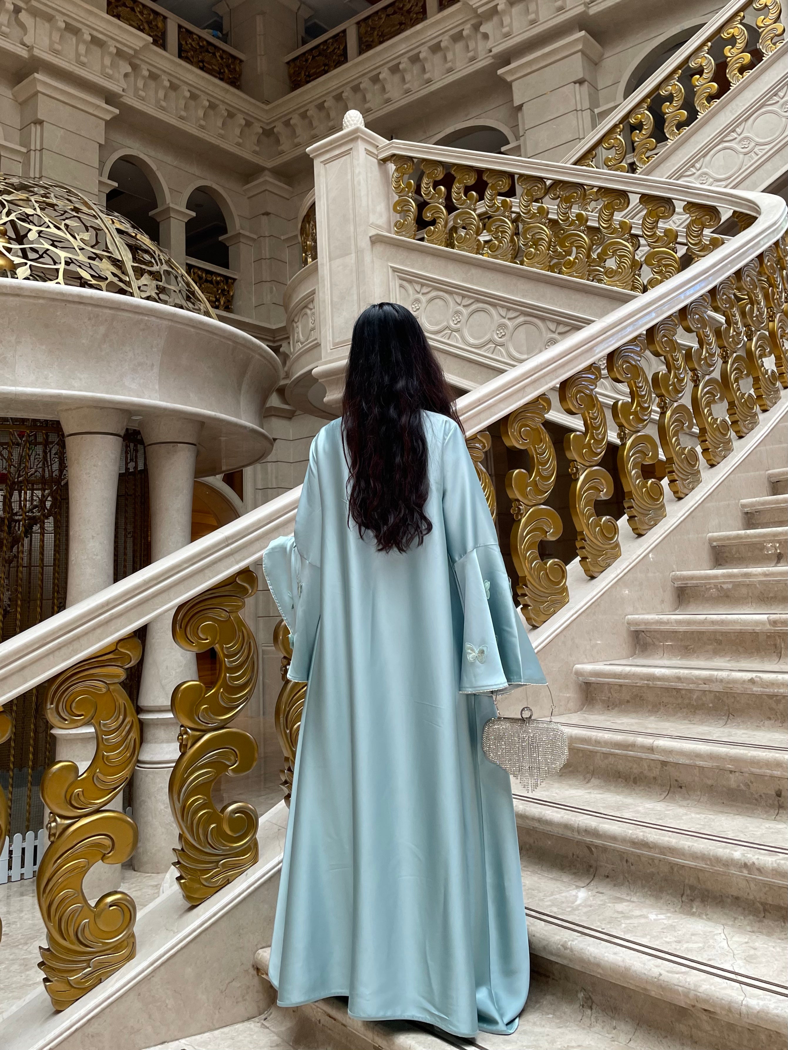 #LY13 2025 Ramadan promotion women's islamic clothing, flare sleeves abaya elegant occasion abaya eid abaya three pieces abaya with a diamond belt