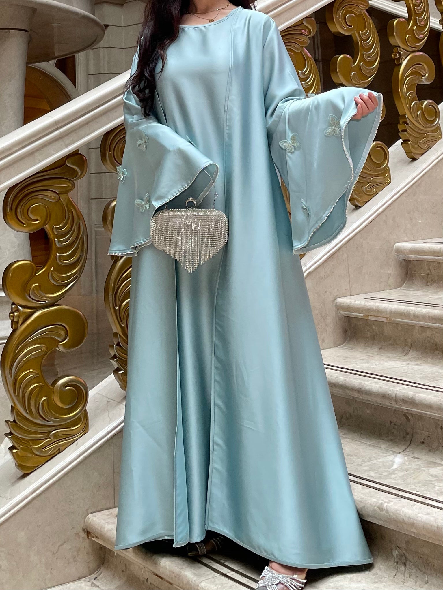 #LY13 2025 Ramadan promotion women's islamic clothing, flare sleeves abaya elegant occasion abaya eid abaya three pieces abaya with a diamond belt