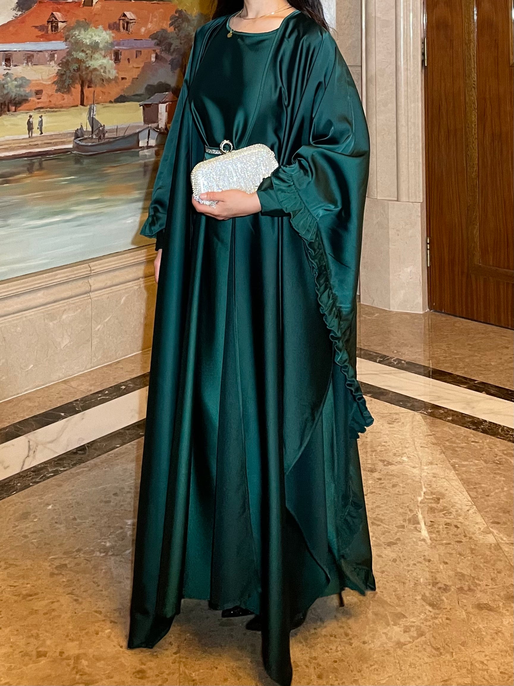LY16 Two piece butterfly abaya , satin elegant abaya set, Eid abaya ,occasion dress , womwen's islamic long dress