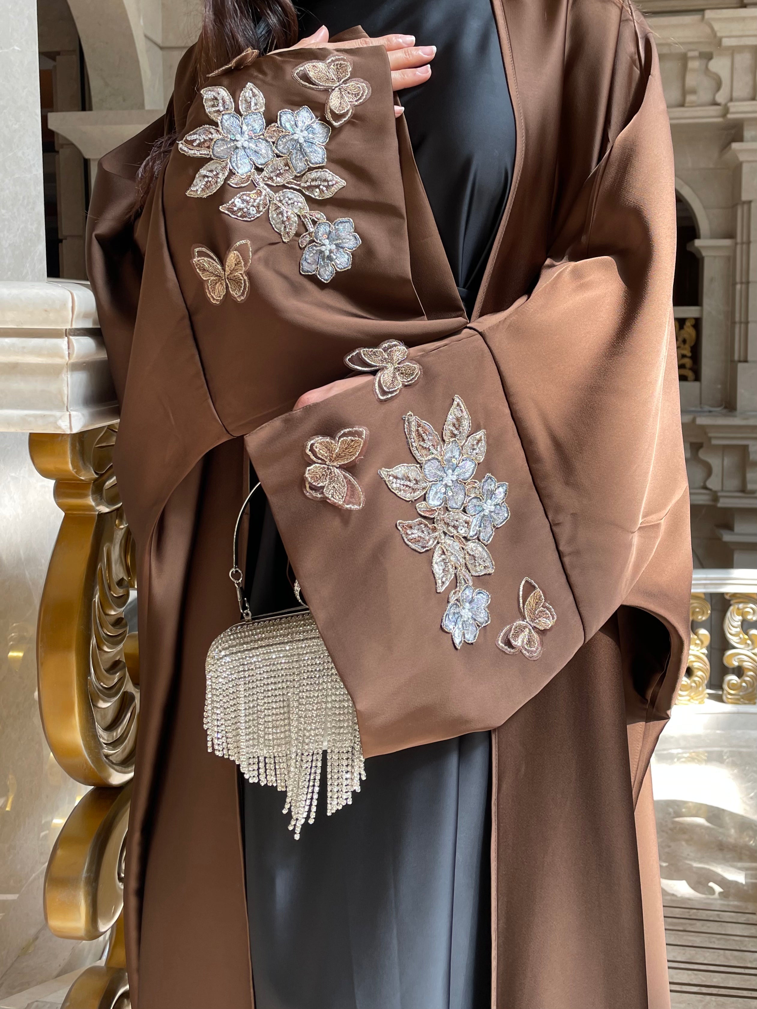 #LY14 2025 Ramadan promotion , women 's islamic clothing, elegant occsion abaya , beads embellish abaya , open abaya with hijab