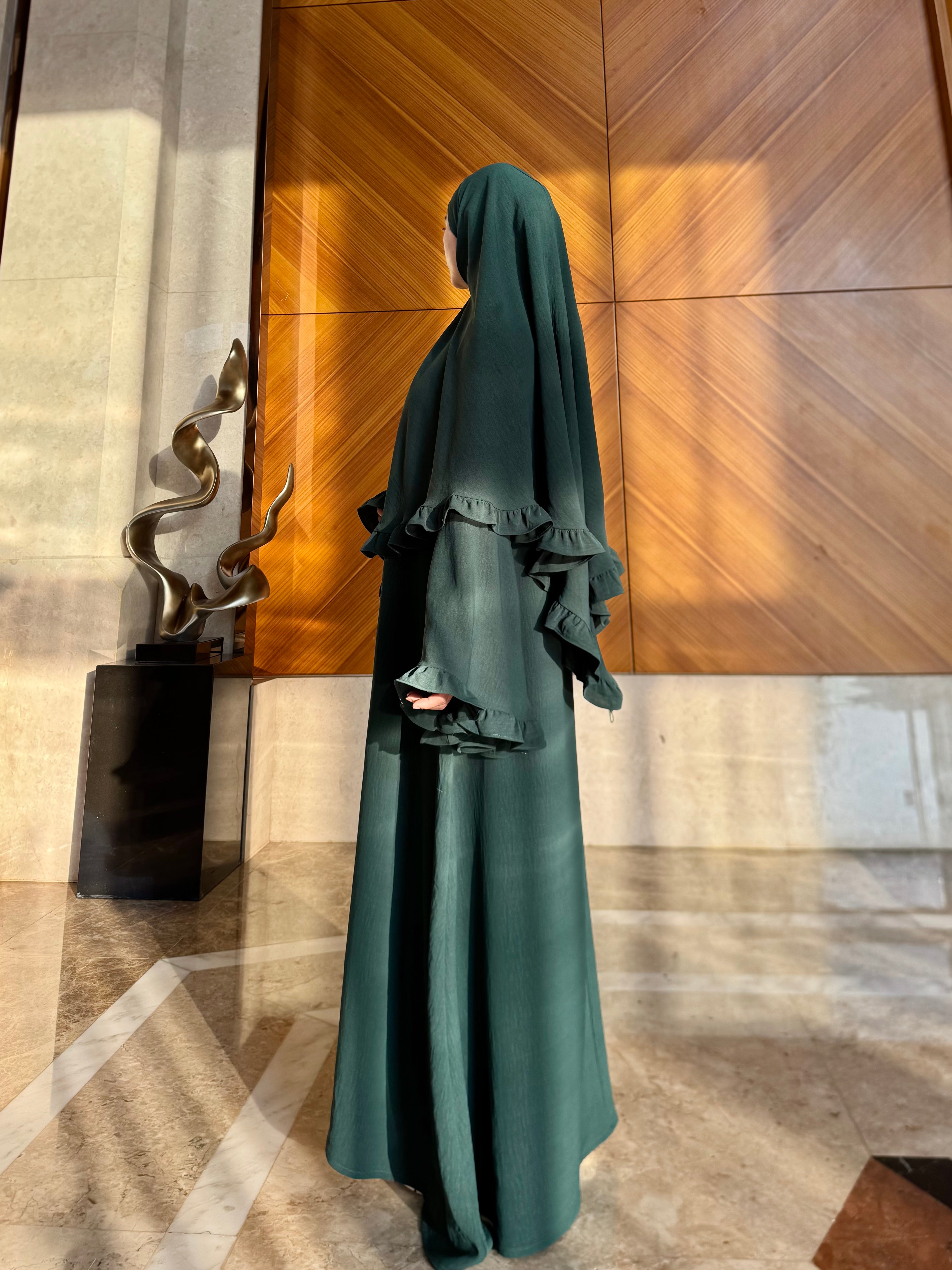 LY23 TWO-PIECE khimar abaya set , crepe abaya and scarf , flare sleeve abaya and hijab ,Long women dress