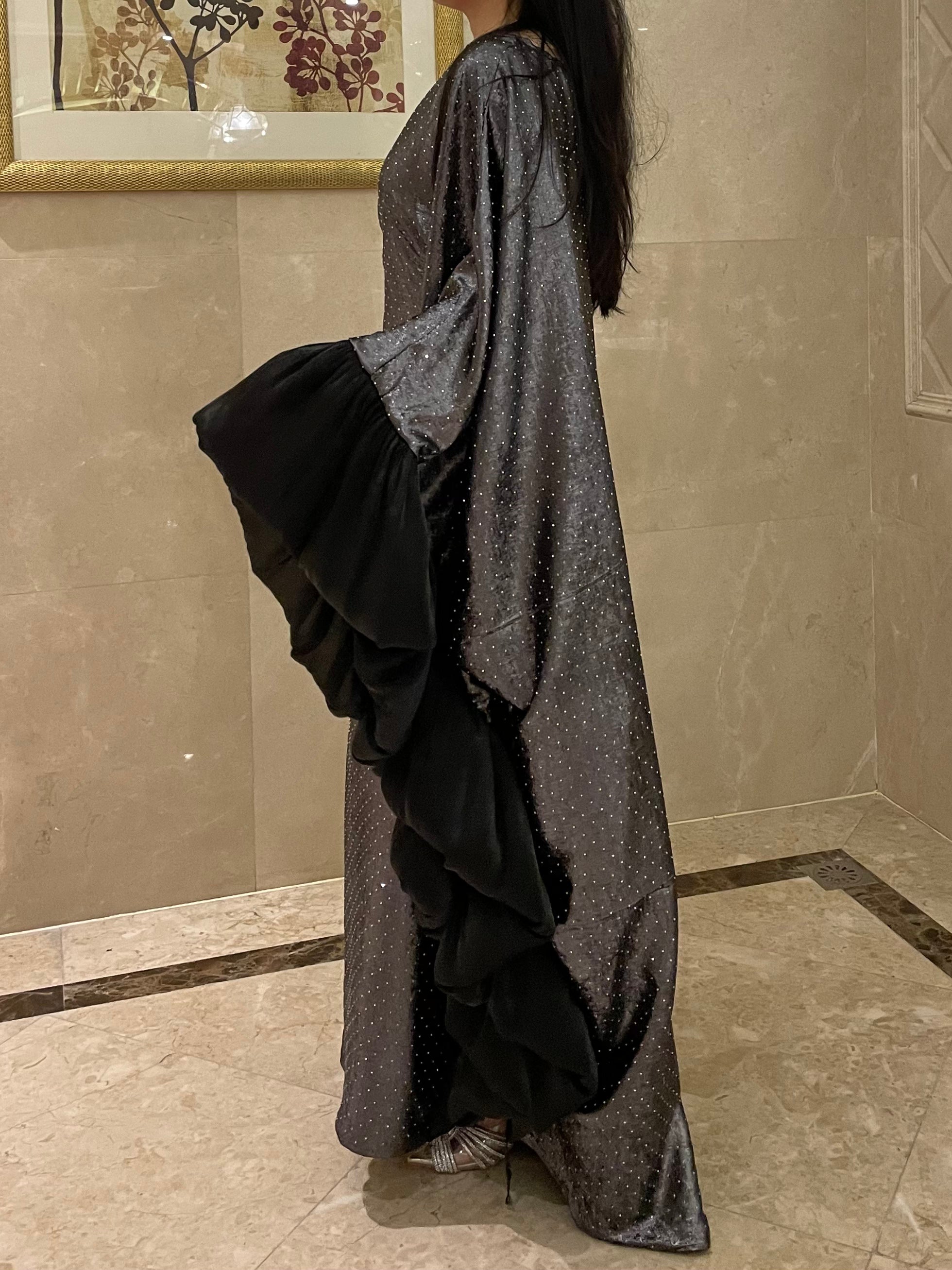 LY19 Two-piece sparkling satin caftan abaya , butterfly glitter abaya with hijab