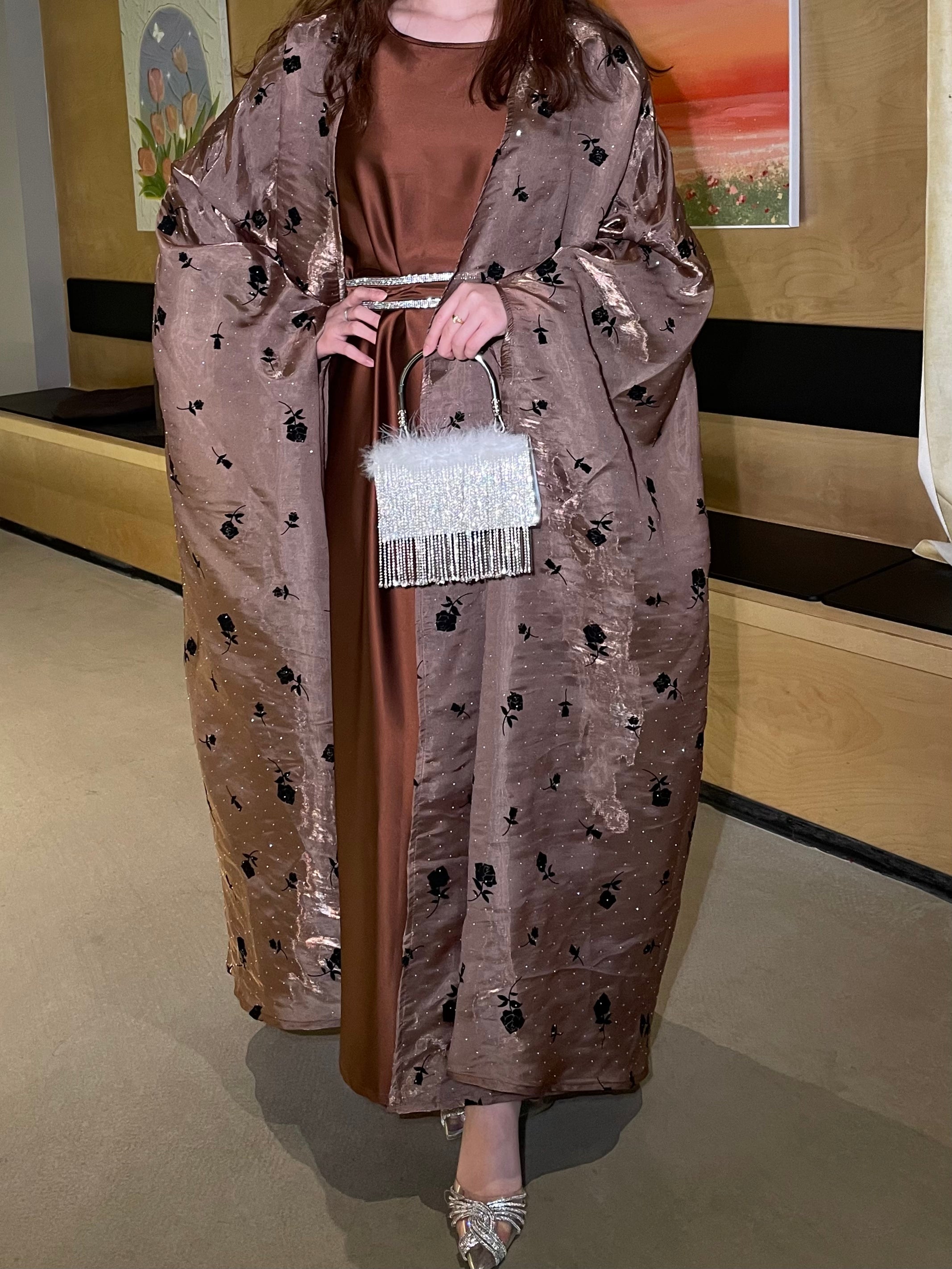 #LY10 Rose flower shimmer abaya set, organza butterfly abaya with inner dress and crystal embellished belt