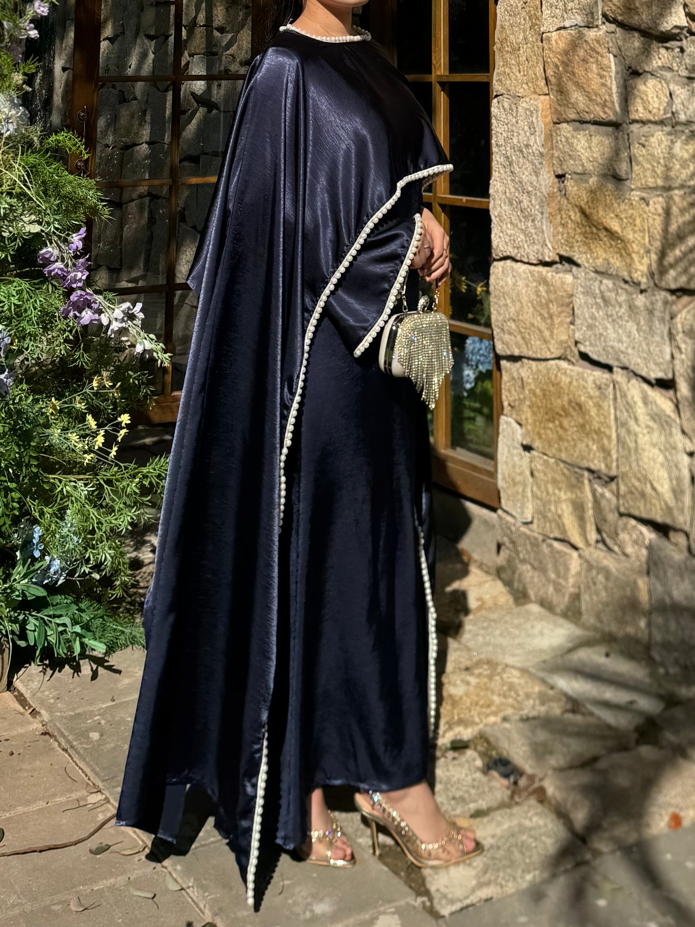 LY28 Two-piece Pearlescent satin Cape dress set , Summer Maxi Womenswear High-end pearl-trimmed long dress
