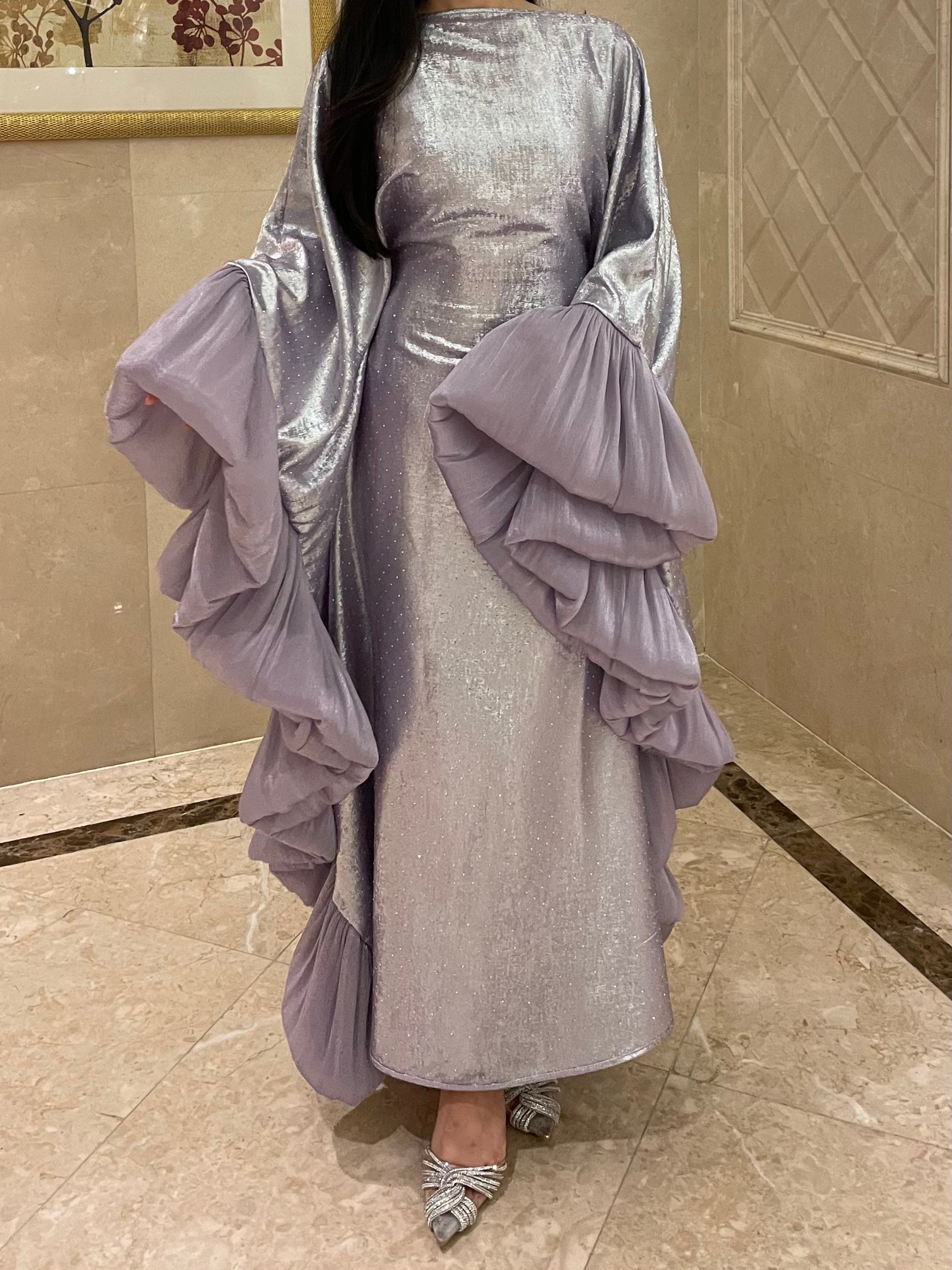 LY19 Two-piece sparkling satin caftan abaya , butterfly glitter abaya with hijab