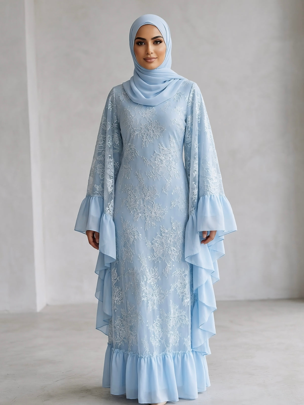 LY38 Two‑Piece Batwing Sleeve Sequin Lace Abaya Dress With Matching Chiffon Hijab, Elegant Modest Maxi Gown For Wedding Party Ramadan