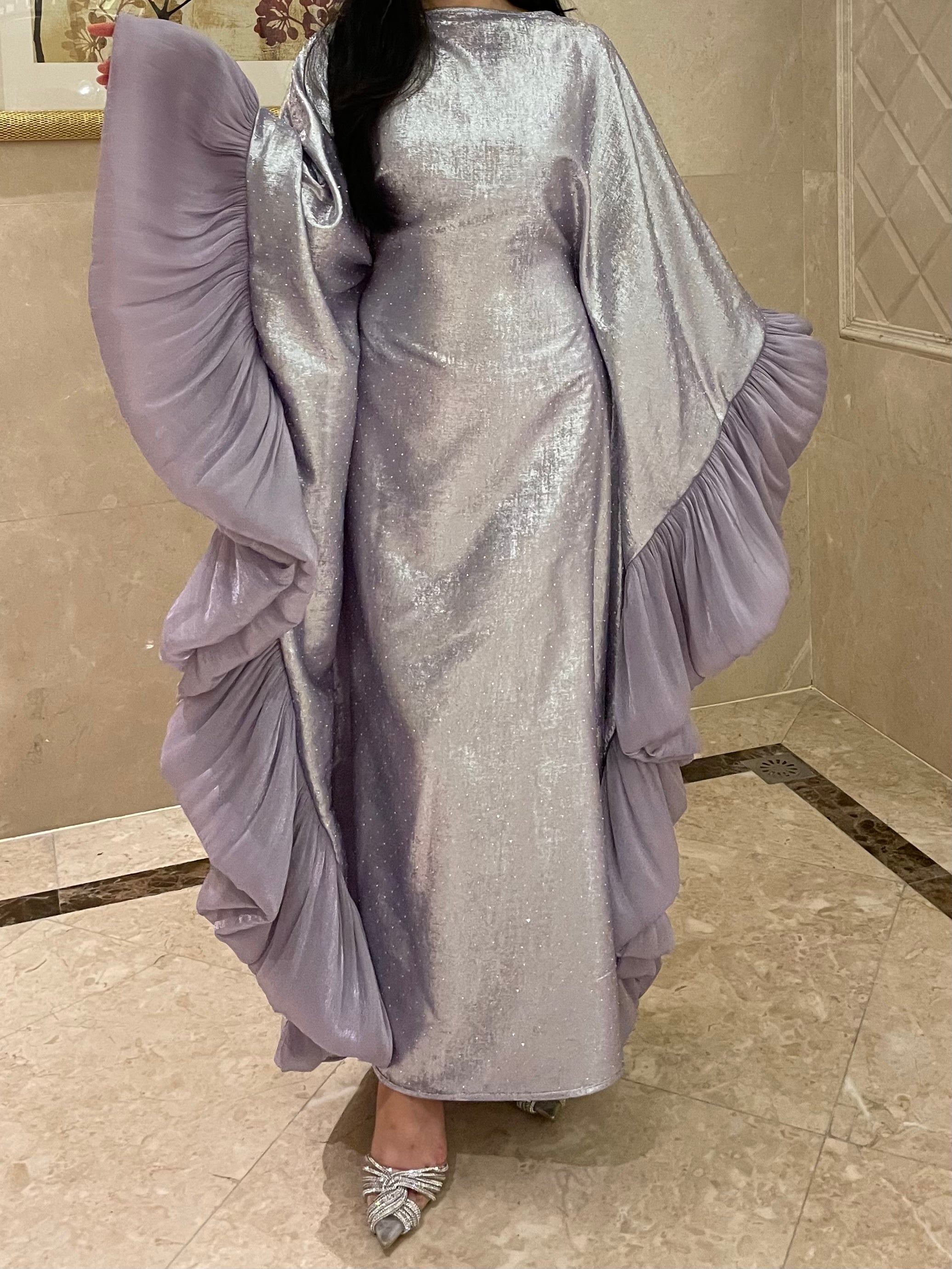 LY19 Two-piece sparkling satin caftan abaya , butterfly glitter abaya with hijab