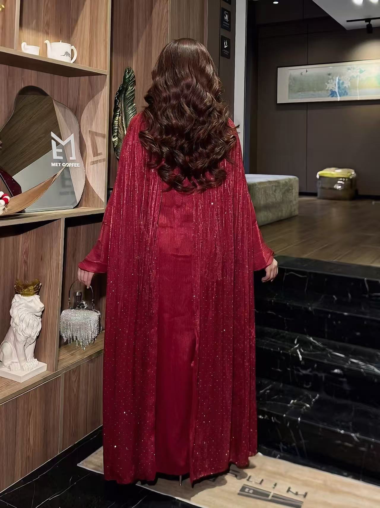 #LY30Elegant Pleated Cape Long Robe, Fashion Reflective Fabric Evening Gown, Suitable for Various Parties and Celebrations, Muslim Women's Dress