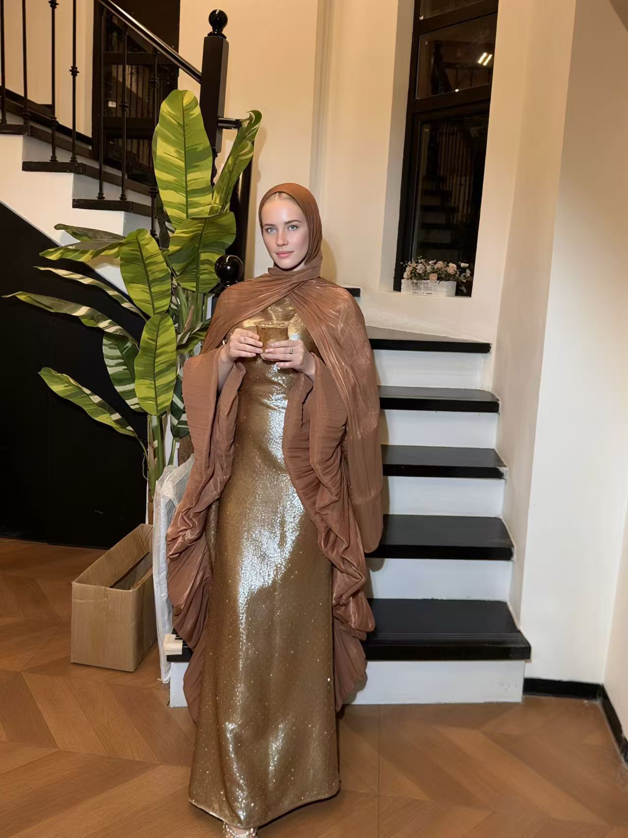 LY19 Two-piece sparkling satin caftan abaya , butterfly glitter abaya with hijab