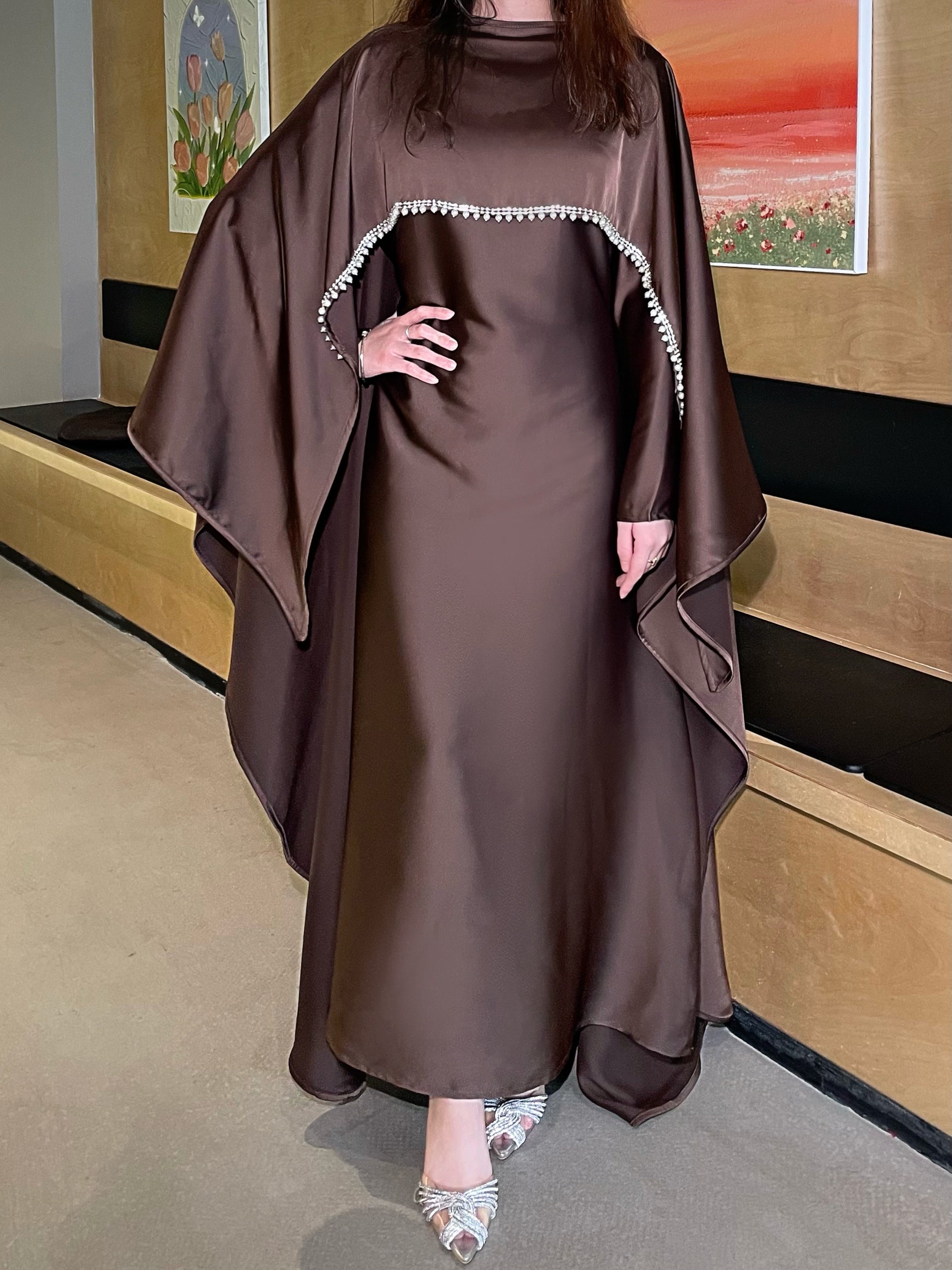 #LY03 Satin cape elegant dress , occasion abaya , Modest dress with pearl and crystal