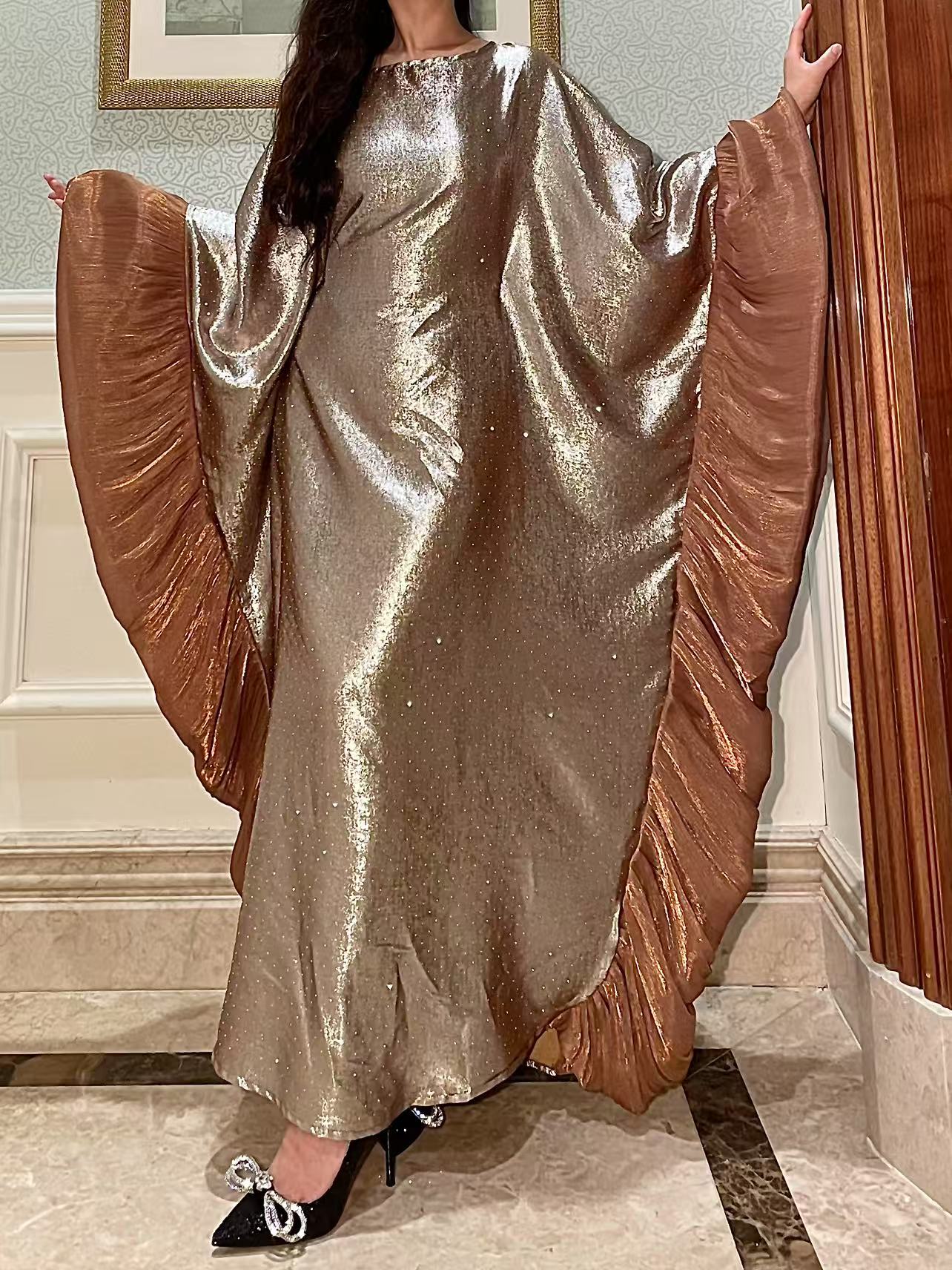 LY19 Two-piece sparkling satin caftan abaya , butterfly glitter abaya with hijab