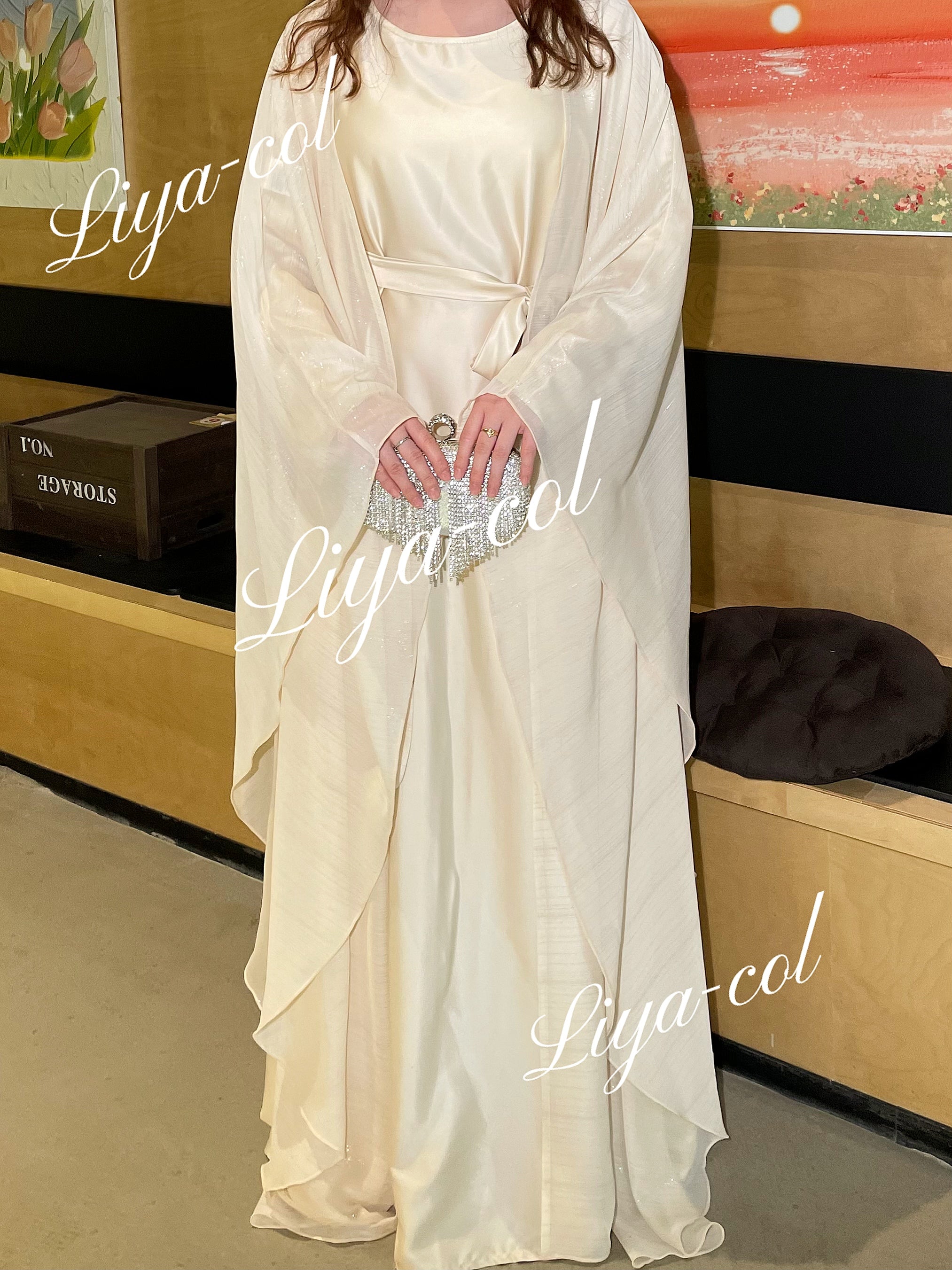 #LY11 Shimmer butterfly abaya set ,two piece set with inner dress