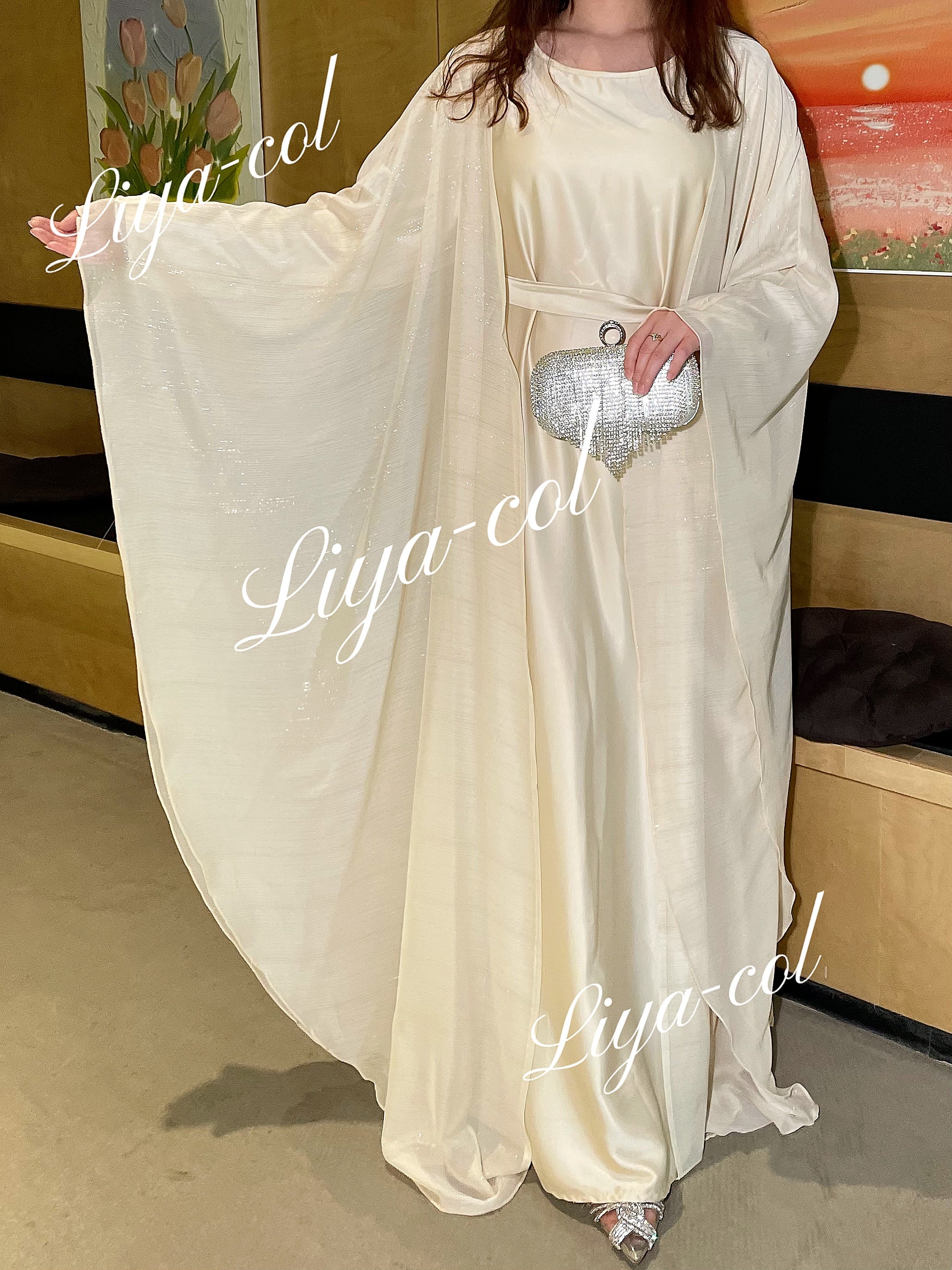 #LY11 Shimmer butterfly abaya set ,two piece set with inner dress
