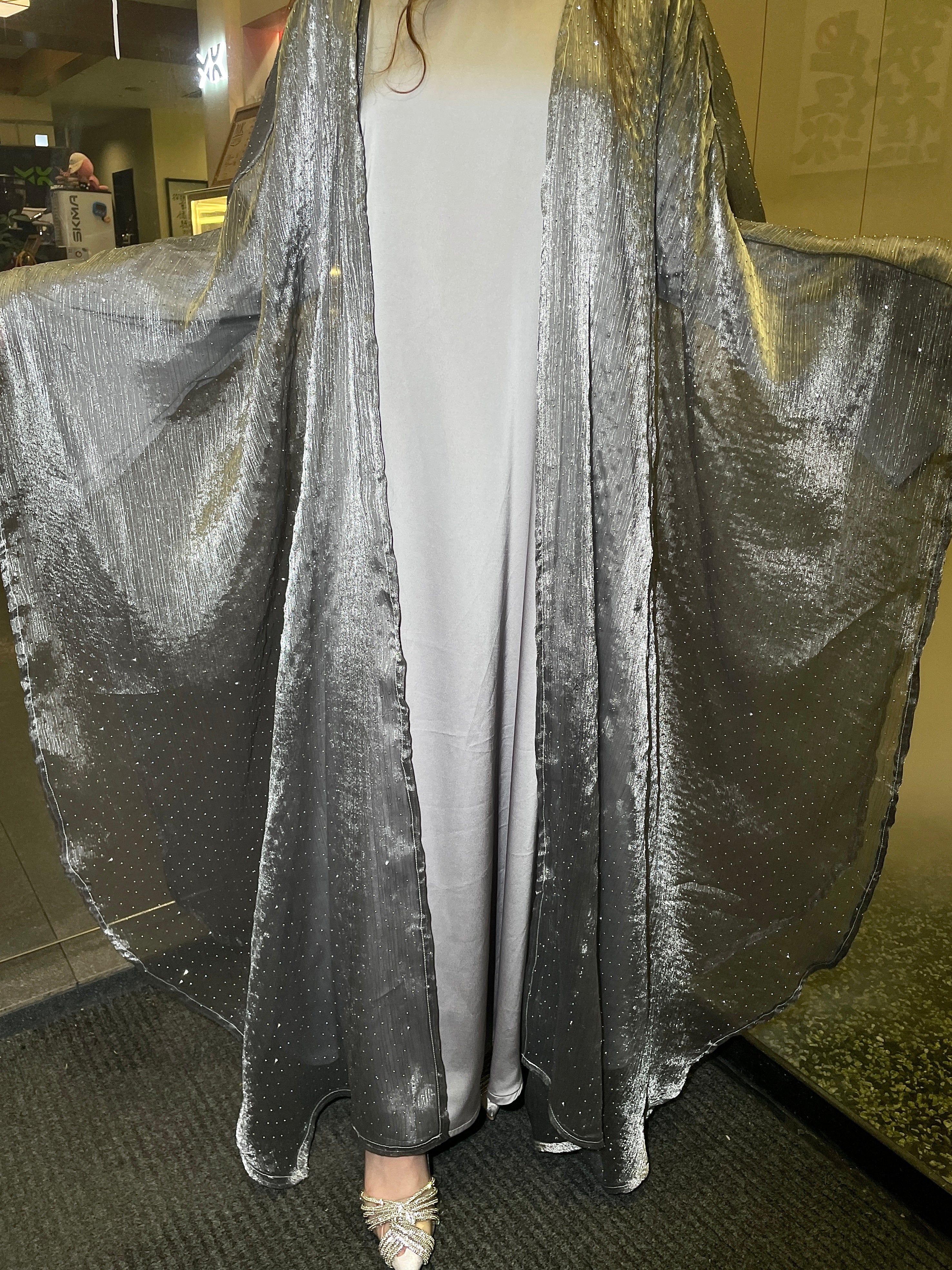 #LY08 Shiny Crepe organza butterfly abaya set with inner dress and belt