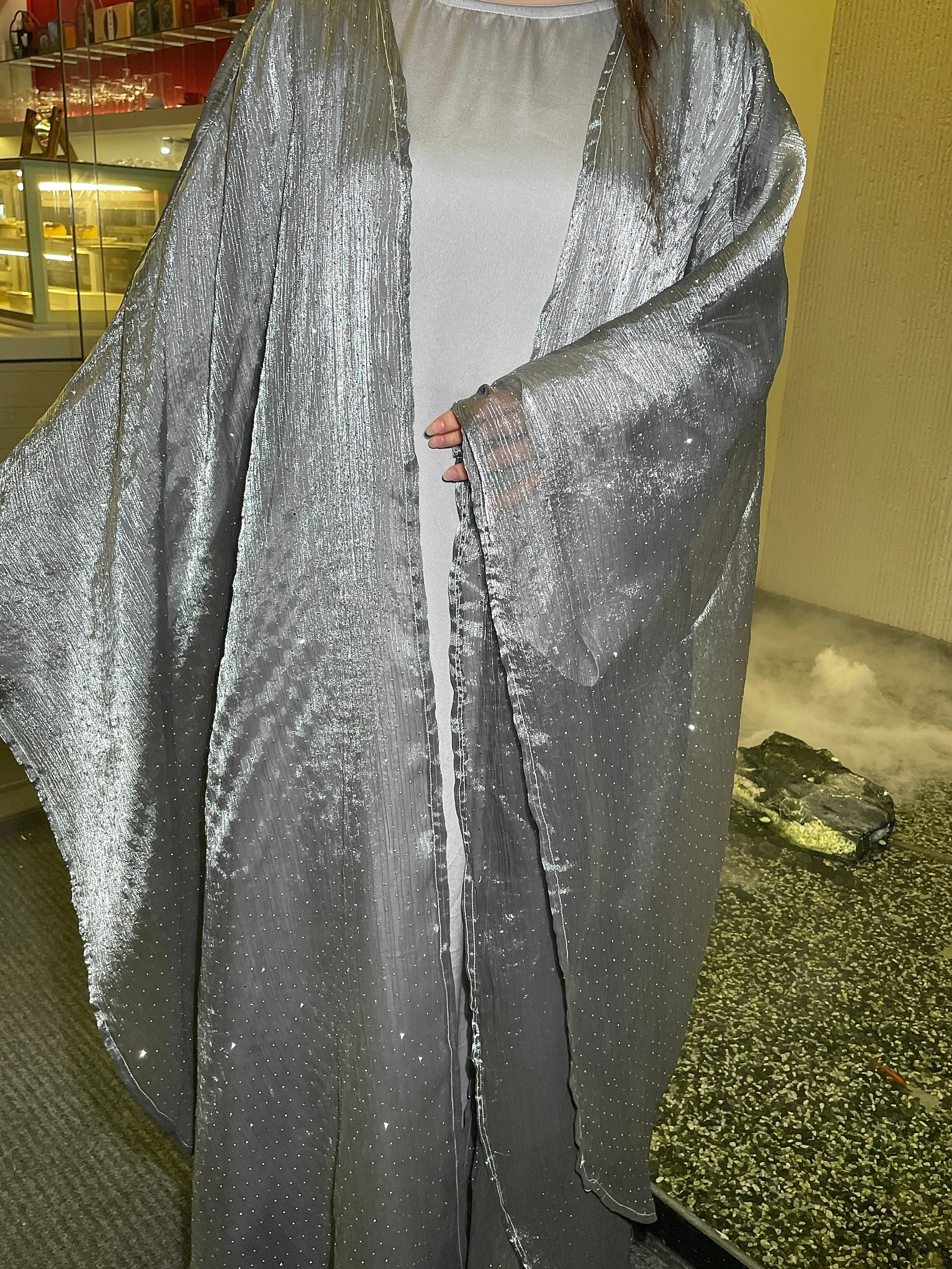 #LY08 Shiny Crepe organza butterfly abaya set with inner dress and belt