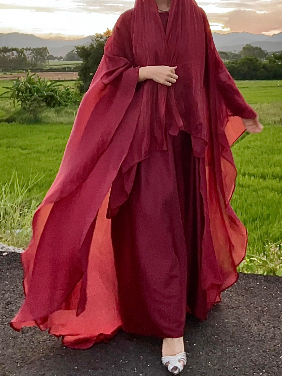 #LY06 Elegant butterfly organza abaya set, shimmer abaya set with inner dress and hijab
