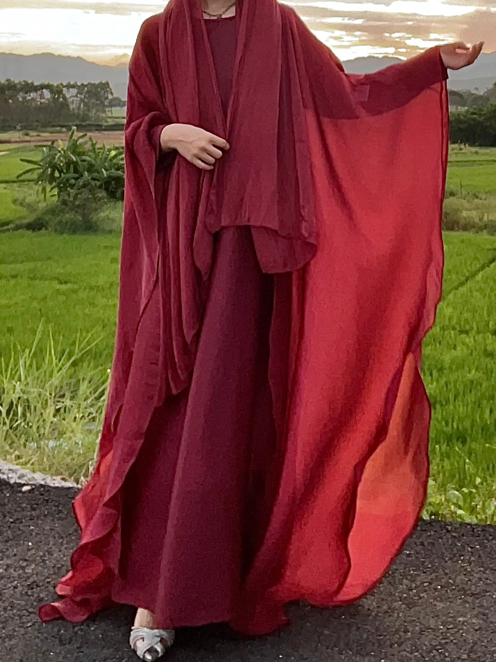 #LY06 Elegant butterfly organza abaya set, shimmer abaya set with inner dress and hijab