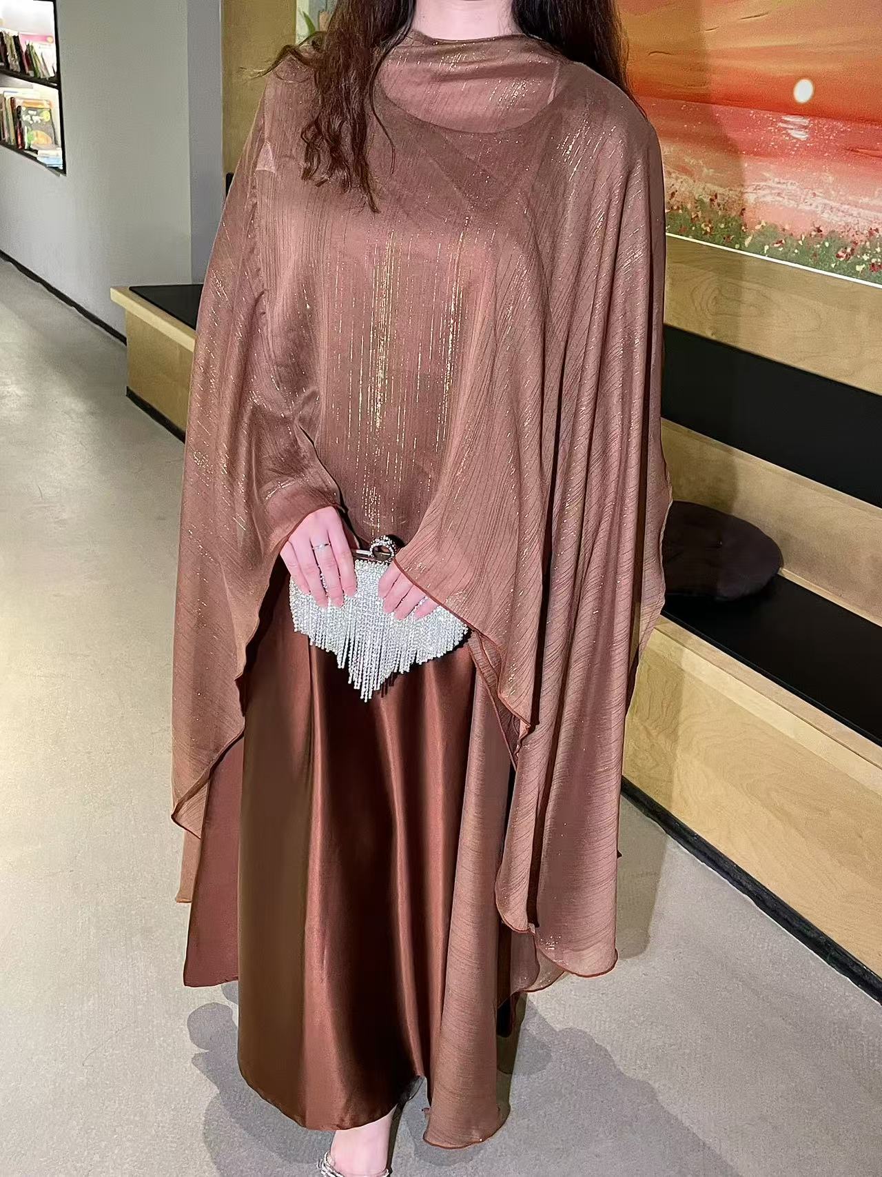 #LY11 Shimmer butterfly abaya set ,two piece set with inner dress