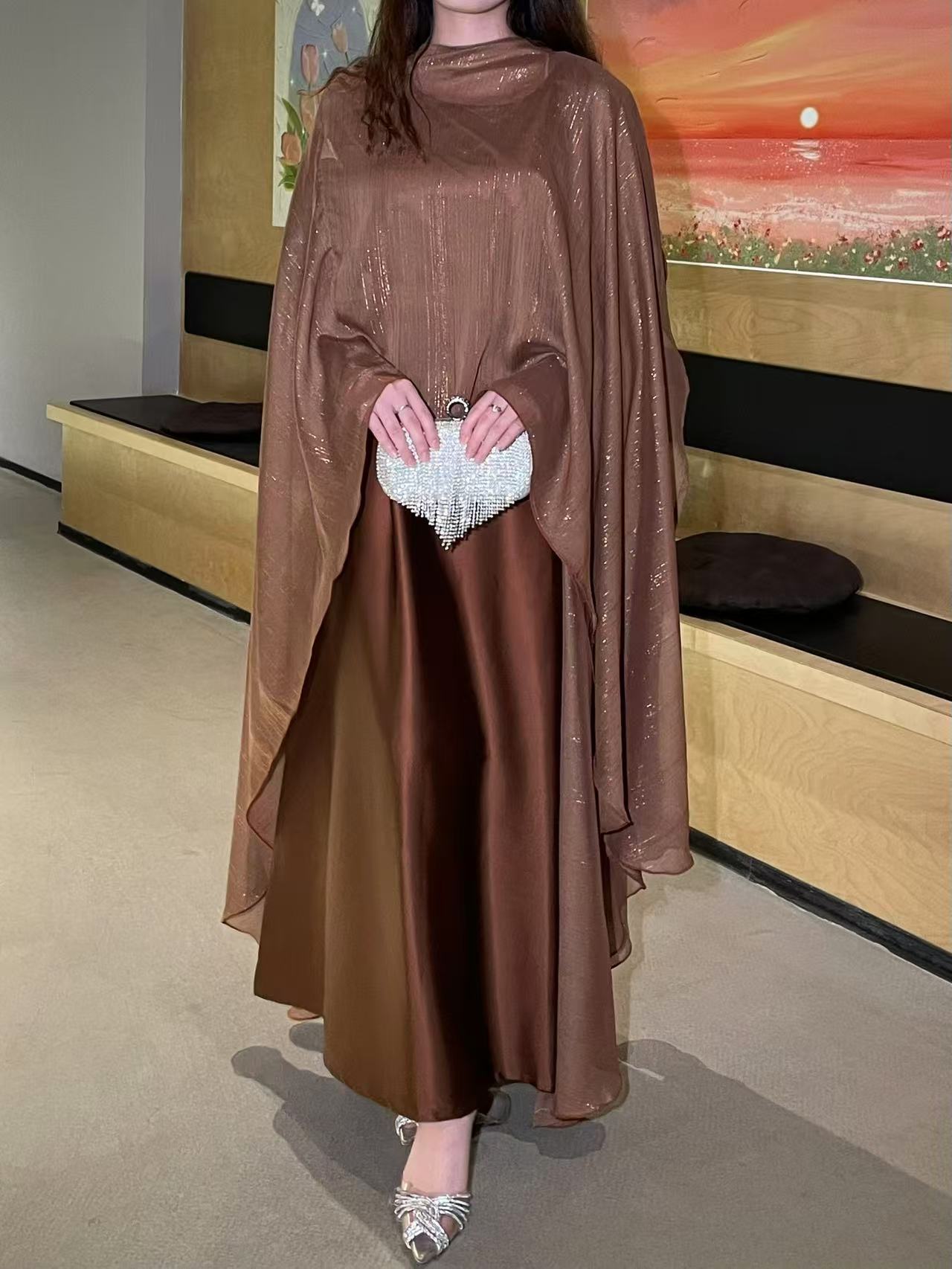 #LY11 Shimmer butterfly abaya set ,two piece set with inner dress
