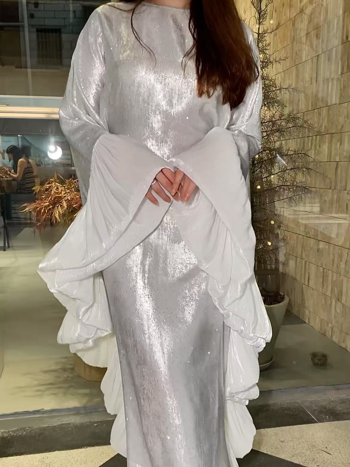 LY19 Two-piece sparkling satin caftan abaya , butterfly glitter abaya with hijab