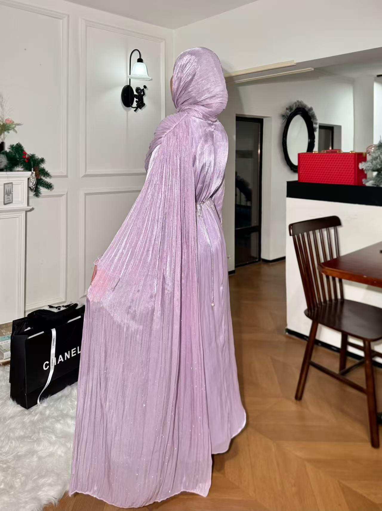 #LY30Elegant Pleated Cape Long Robe, Fashion Reflective Fabric Evening Gown, Suitable for Various Parties and Celebrations, Muslim Women's Dress