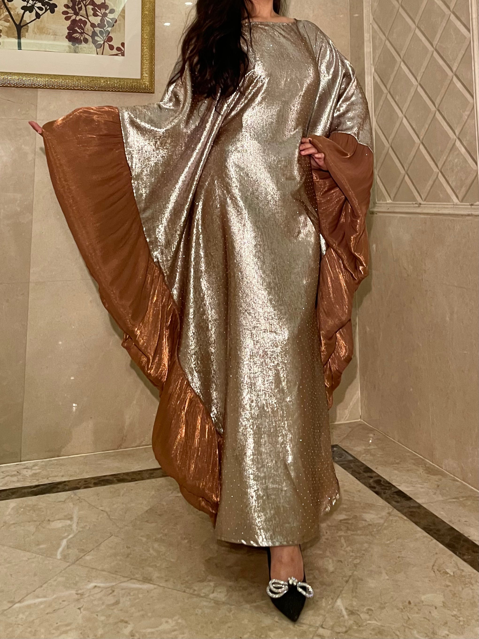 LY19 Two-piece sparkling satin caftan abaya , butterfly glitter abaya with hijab