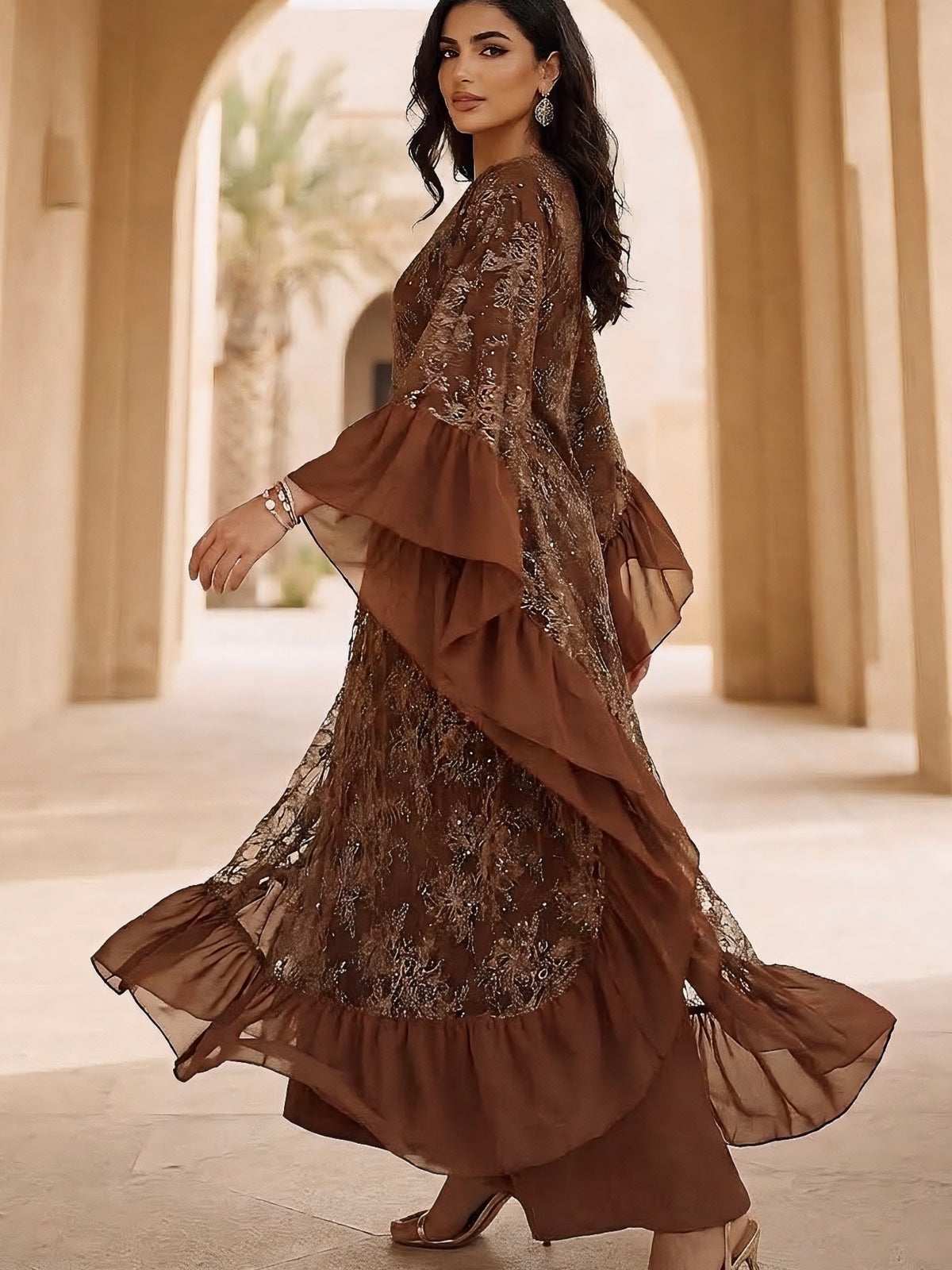 LY38 Two‑Piece Batwing Sleeve Sequin Lace Abaya Dress With Matching Chiffon Hijab, Elegant Modest Maxi Gown For Wedding Party Ramadan