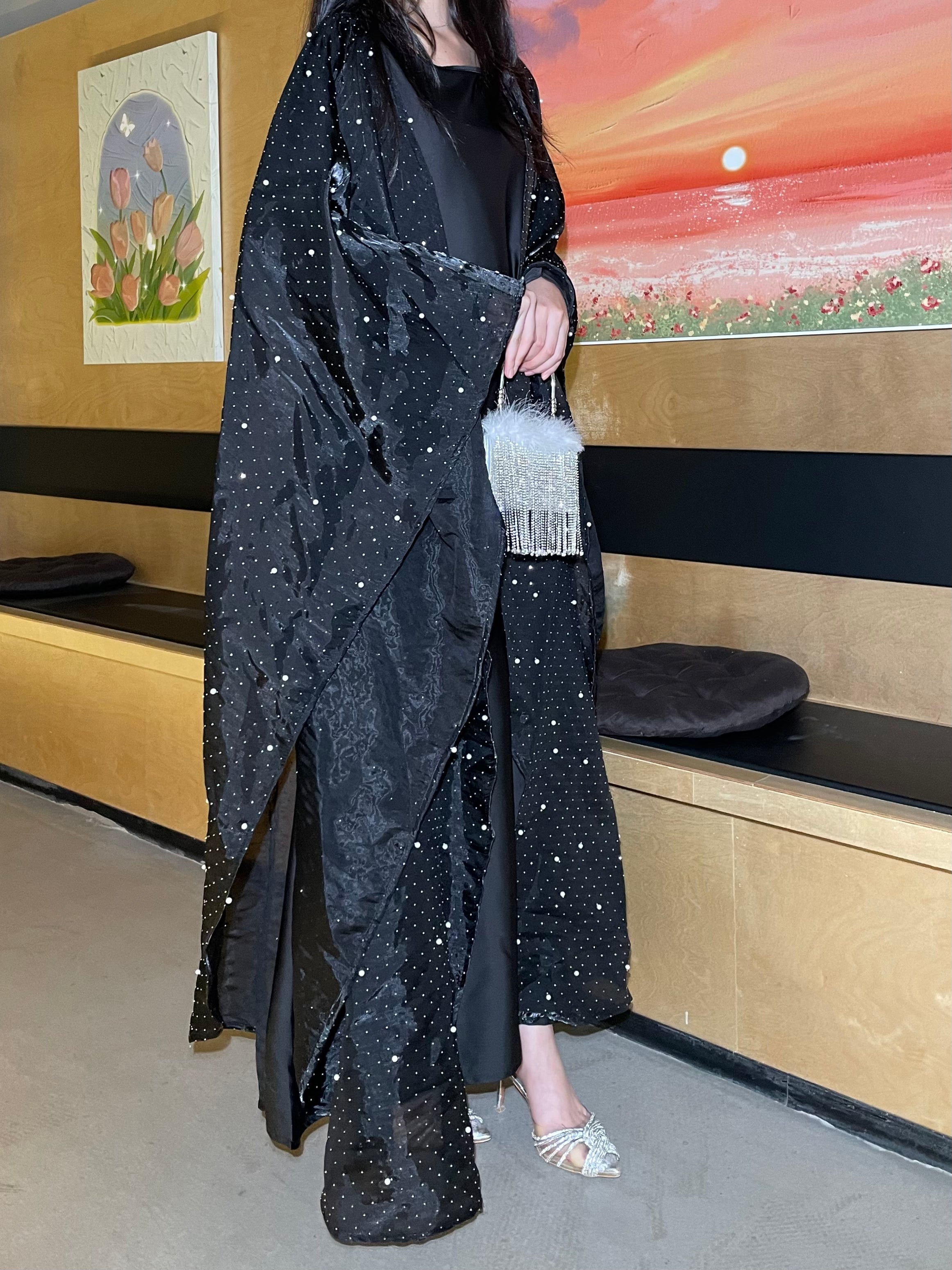 #LY02 Shiny pearl organza abaya, two pieces set with satin inner dress