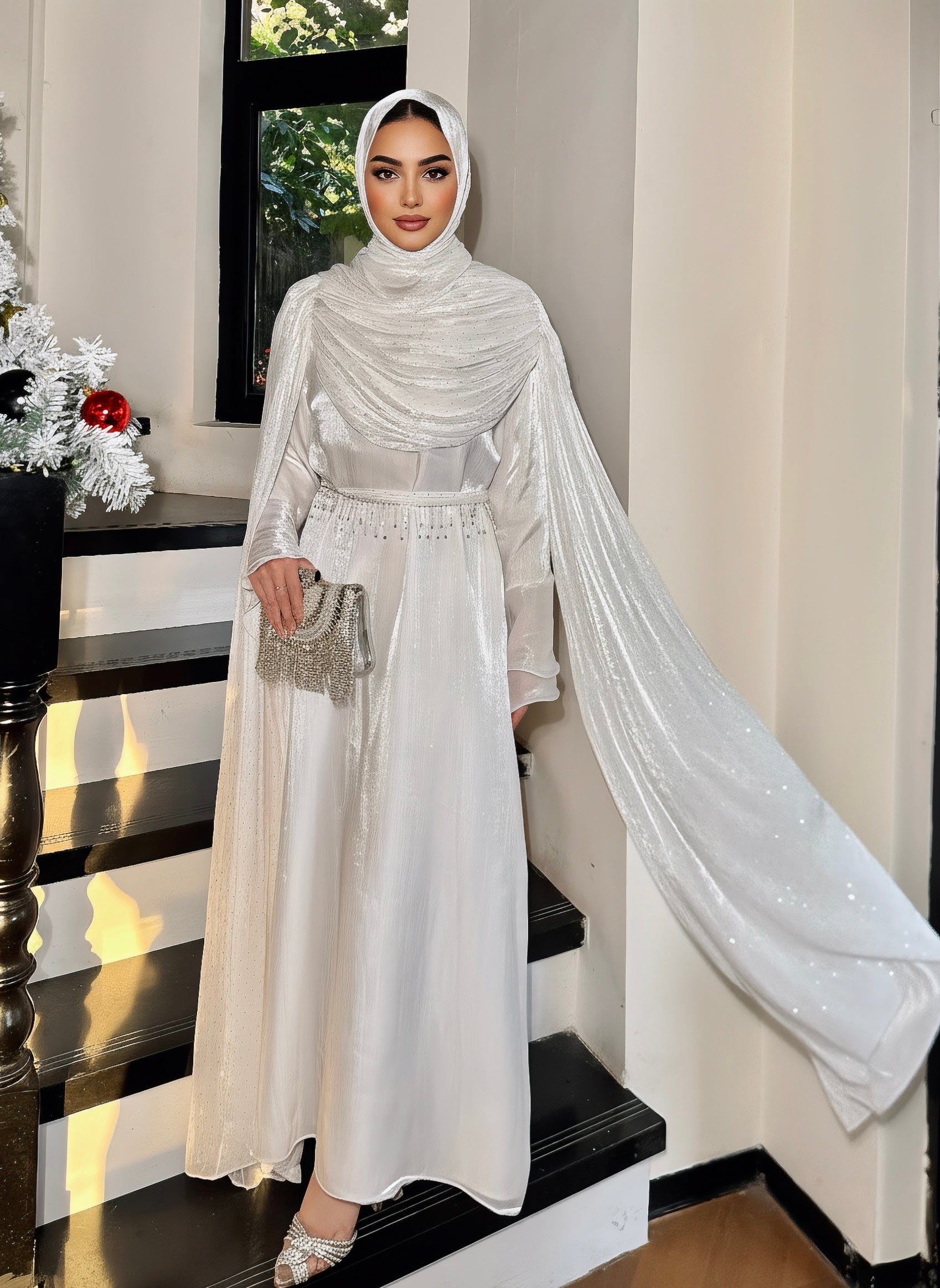 #LY30Elegant Pleated Cape Long Robe, Fashion Reflective Fabric Evening Gown, Suitable for Various Parties and Celebrations, Muslim Women's Dress