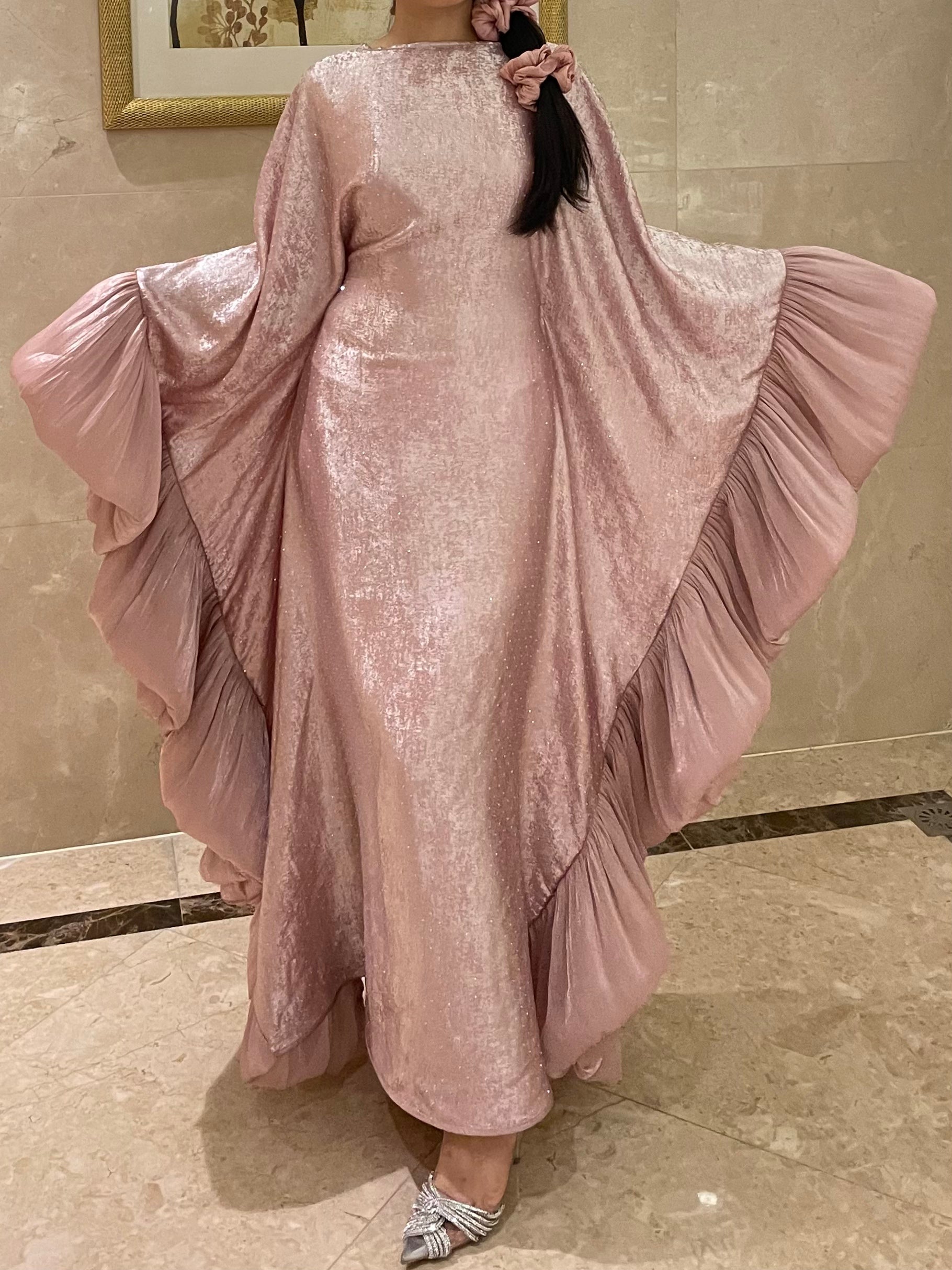 LY19 Two-piece sparkling satin caftan abaya , butterfly glitter abaya with hijab