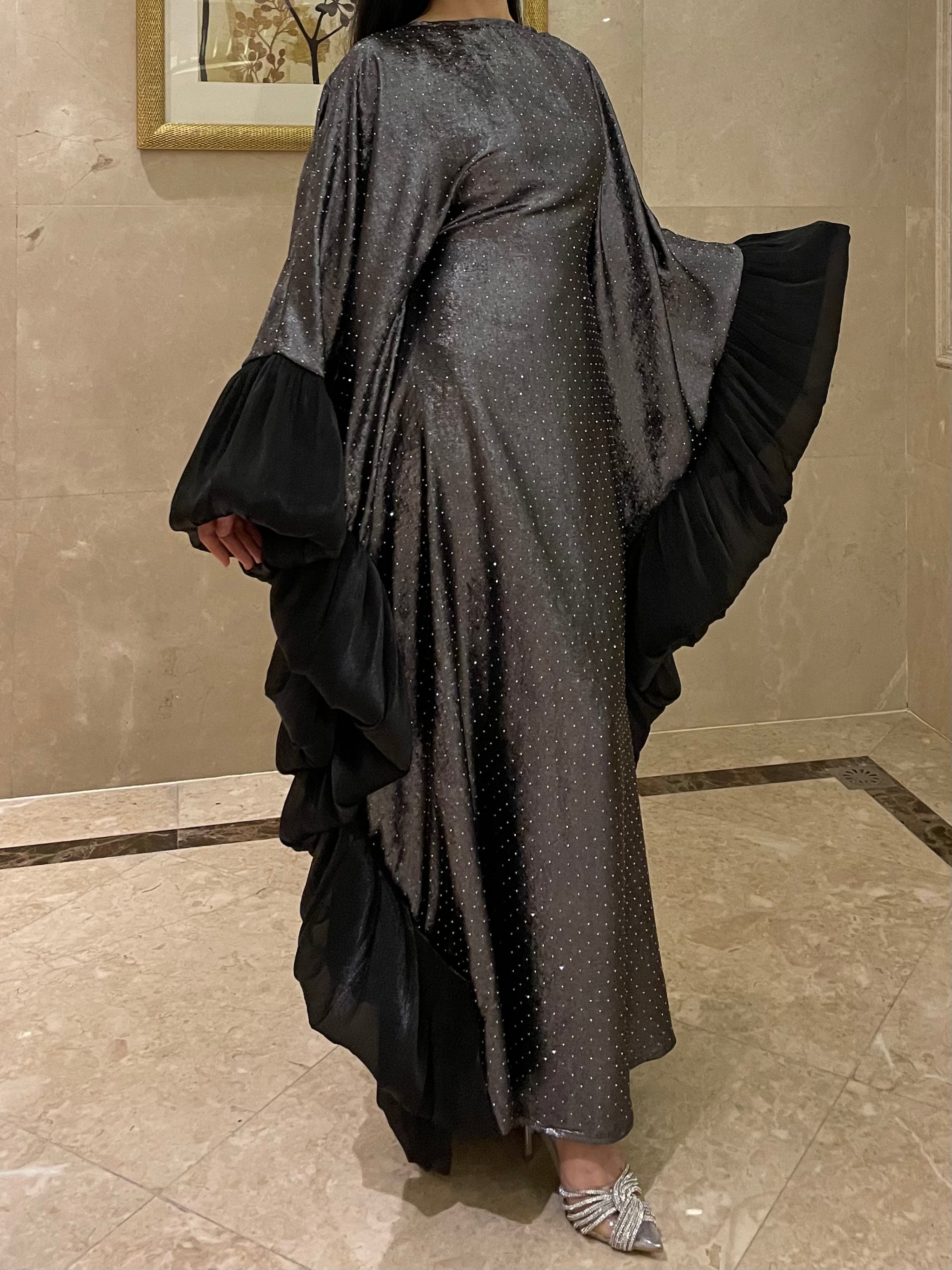 LY19 Two-piece sparkling satin caftan abaya , butterfly glitter abaya with hijab