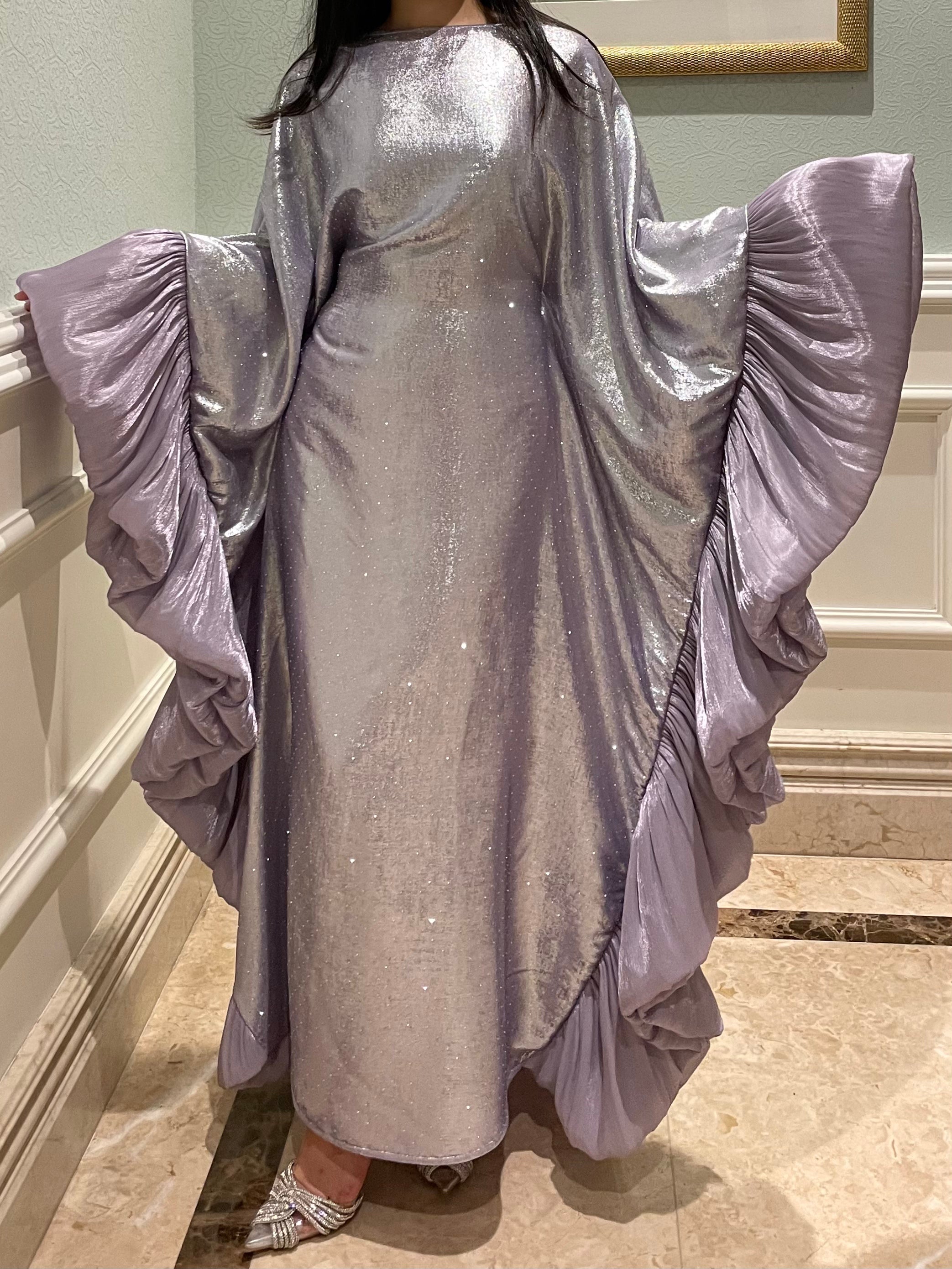 LY19 Two-piece sparkling satin caftan abaya , butterfly glitter abaya with hijab