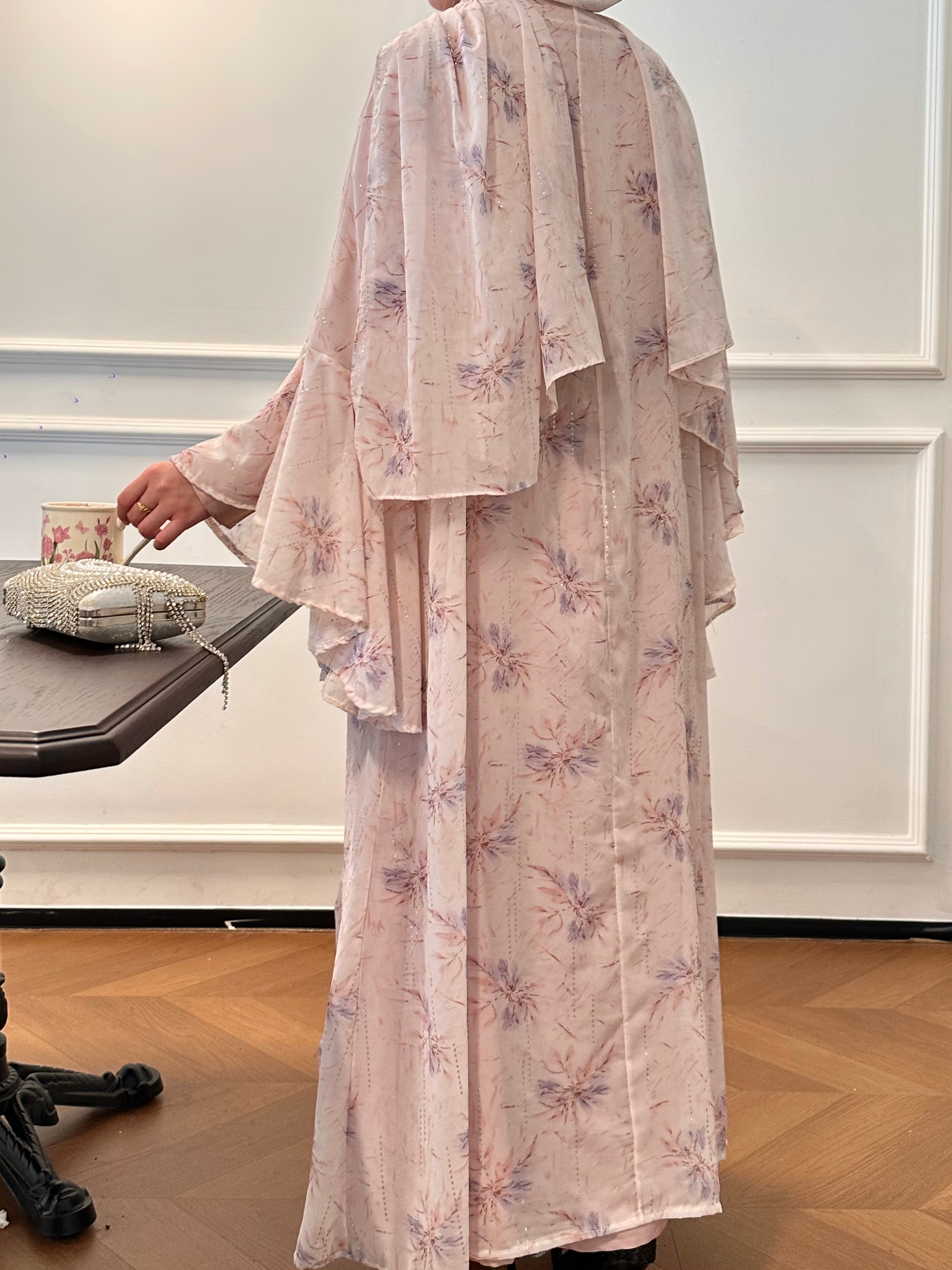 #LY20 Printed Chiffon Abaya Set, 3-Piece Chiffon Abaya with Headscarf, Feminine Flared-Sleeve Abaya Cardigan, Resort & Party Dress Set and Arabian Robe Set