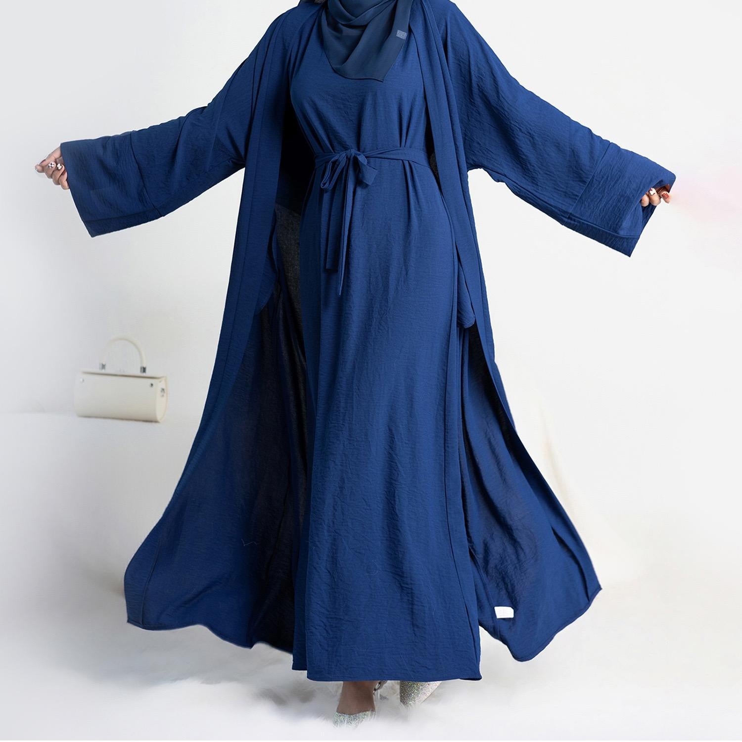 #LY45[Ramadan promotion] Latest model Two pieces crepe abaya come with belt muslim long dress, inner slip and open abaya