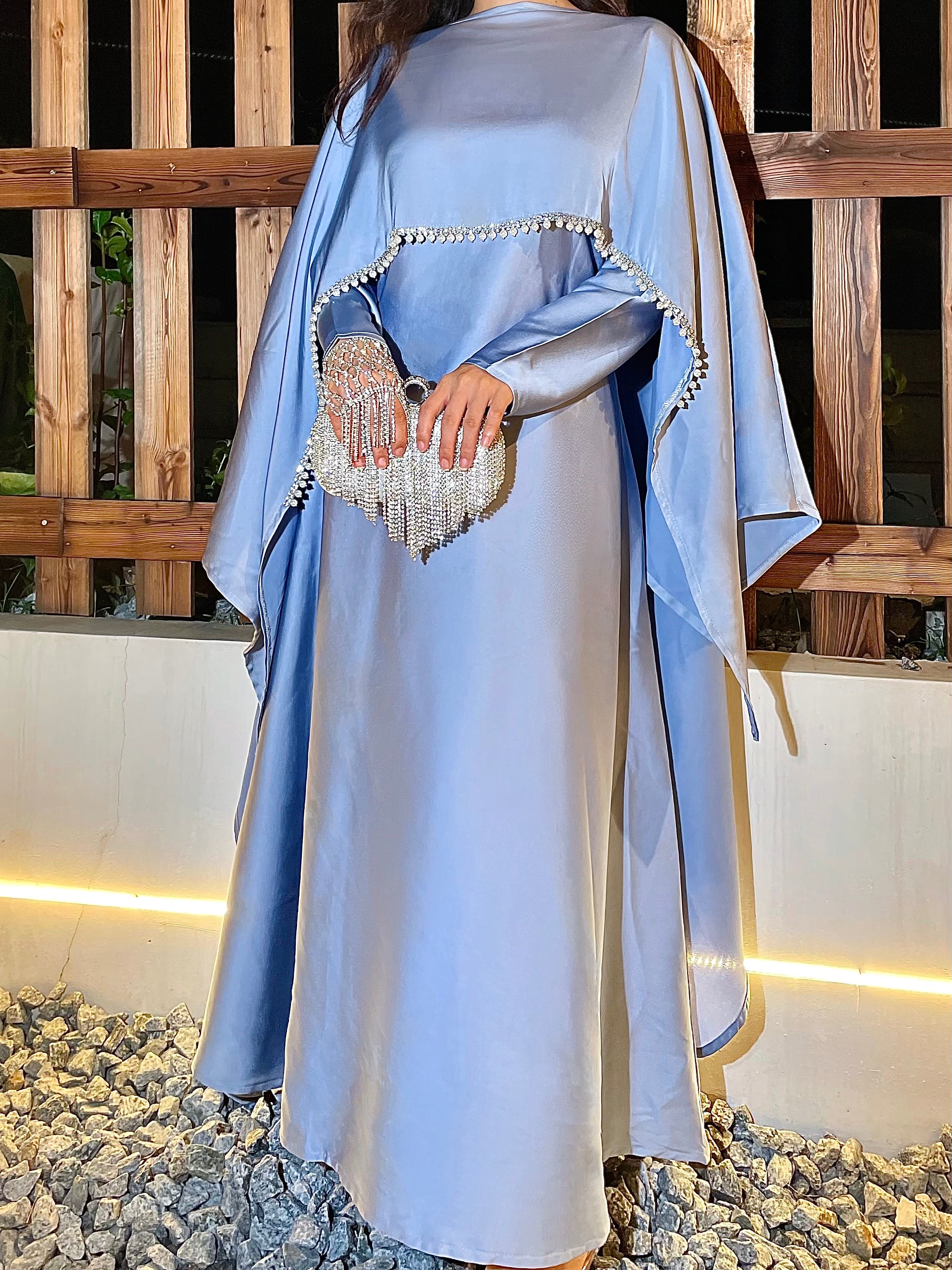 #LY03 Satin cape elegant dress , occasion abaya , Modest dress with pearl and crystal