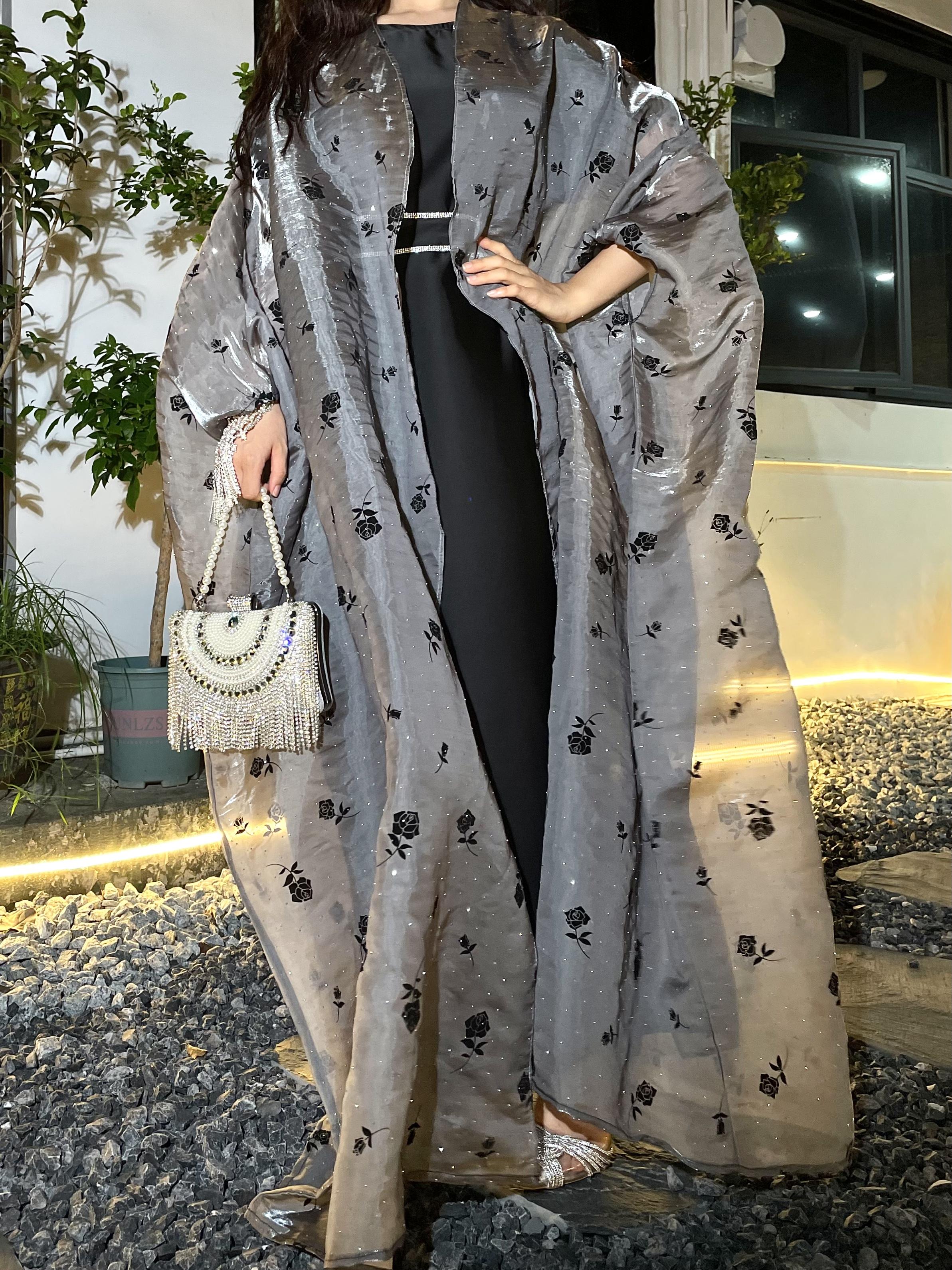 #LY10 Rose flower shimmer abaya set, organza butterfly abaya with inner dress and crystal embellished belt