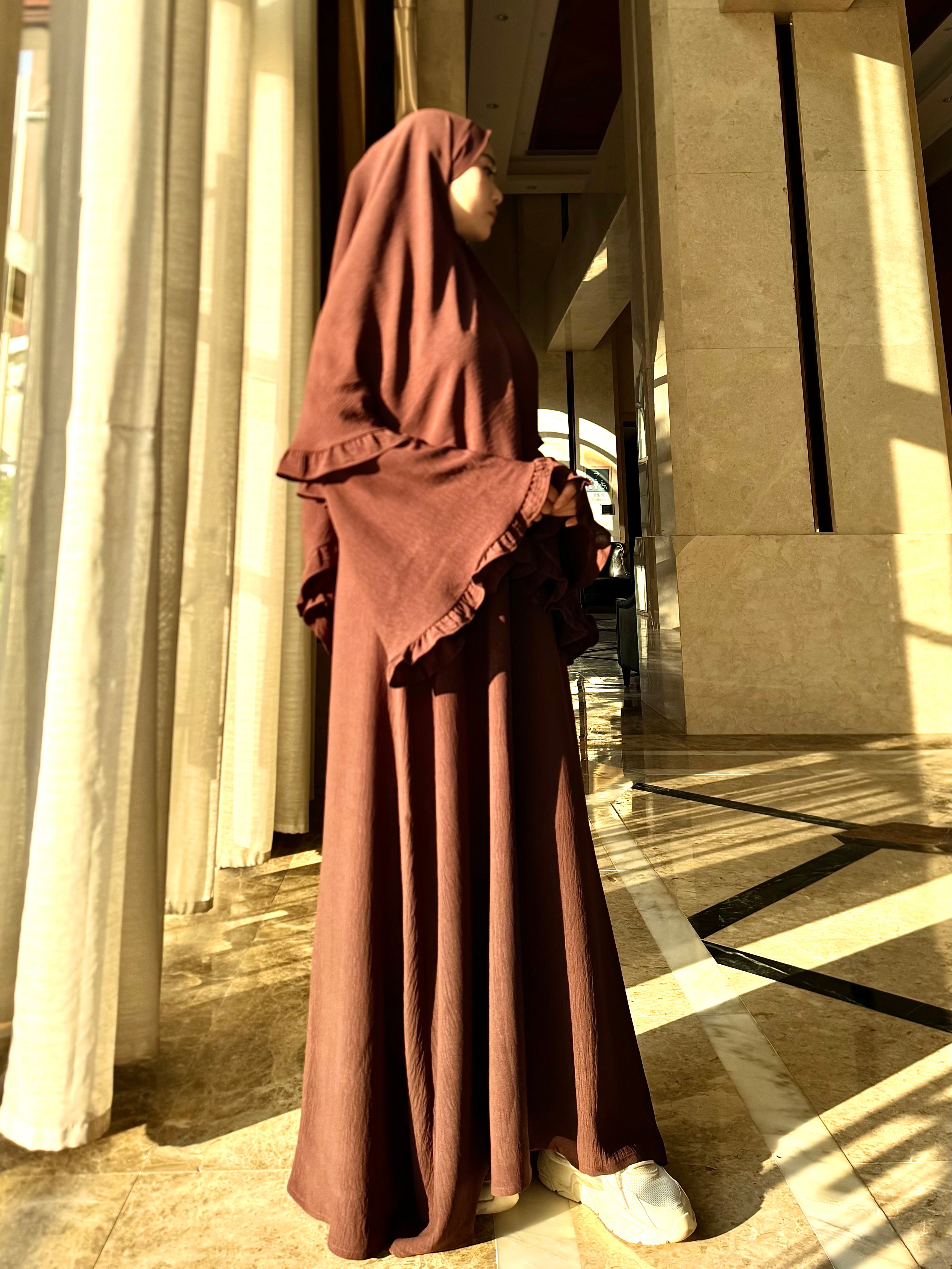 LY23 TWO-PIECE khimar abaya set , crepe abaya and scarf , flare sleeve abaya and hijab ,Long women dress