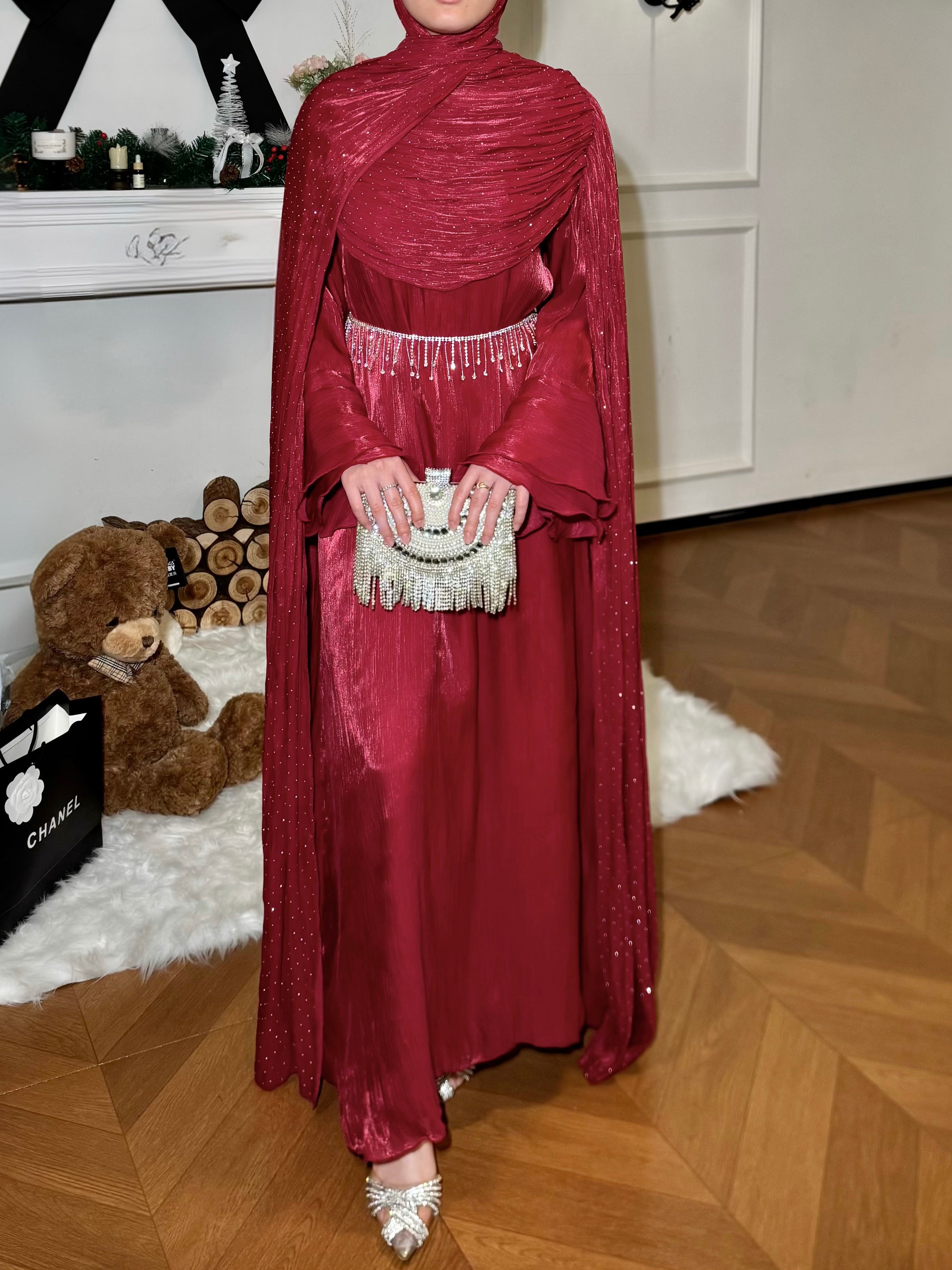#LY30Elegant Pleated Cape Long Robe, Fashion Reflective Fabric Evening Gown, Suitable for Various Parties and Celebrations, Muslim Women's Dress