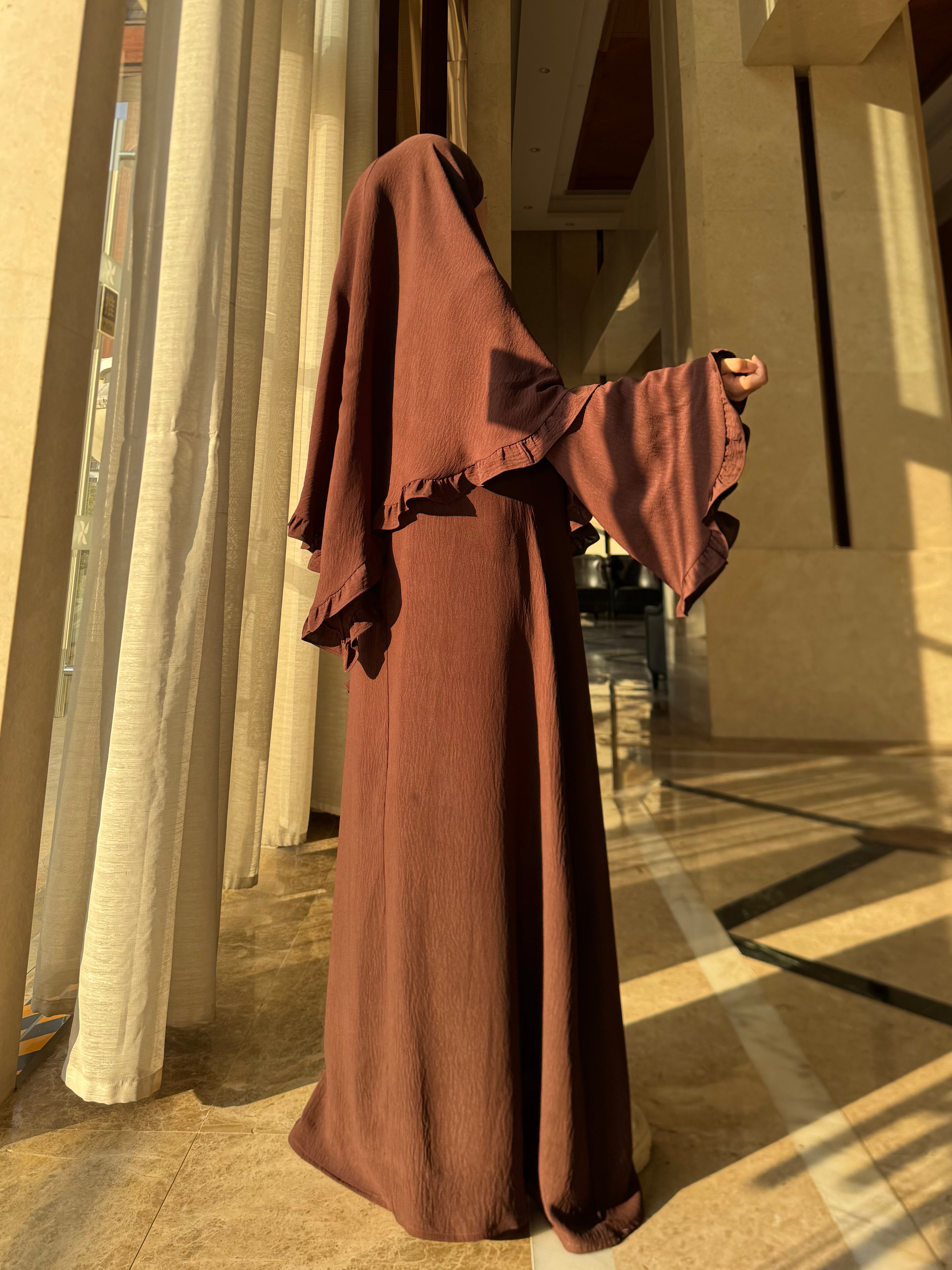 LY23 TWO-PIECE khimar abaya set , crepe abaya and scarf , flare sleeve abaya and hijab ,Long women dress