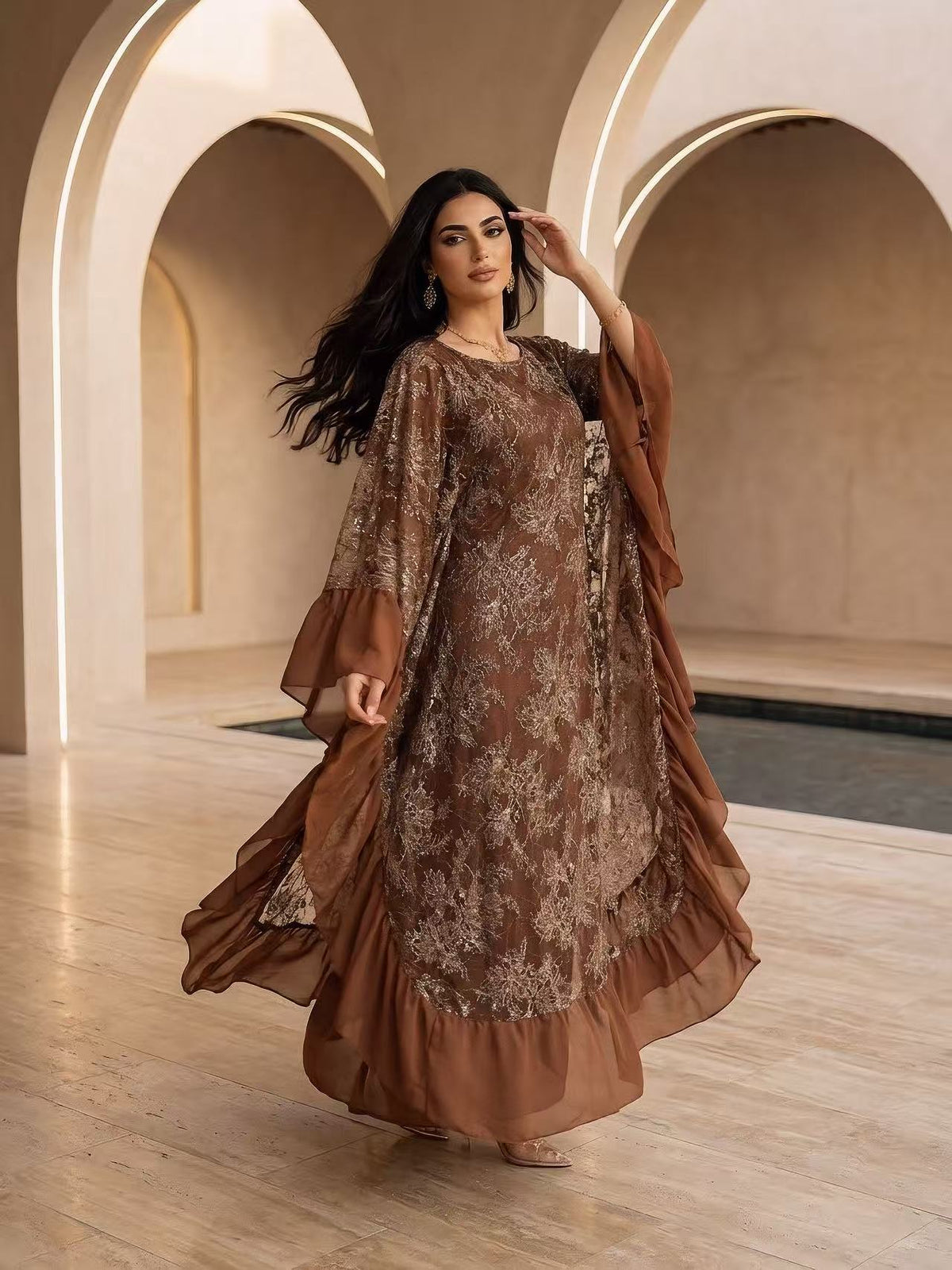 LY38 Two‑Piece Batwing Sleeve Sequin Lace Abaya Dress With Matching Chiffon Hijab, Elegant Modest Maxi Gown For Wedding Party Ramadan