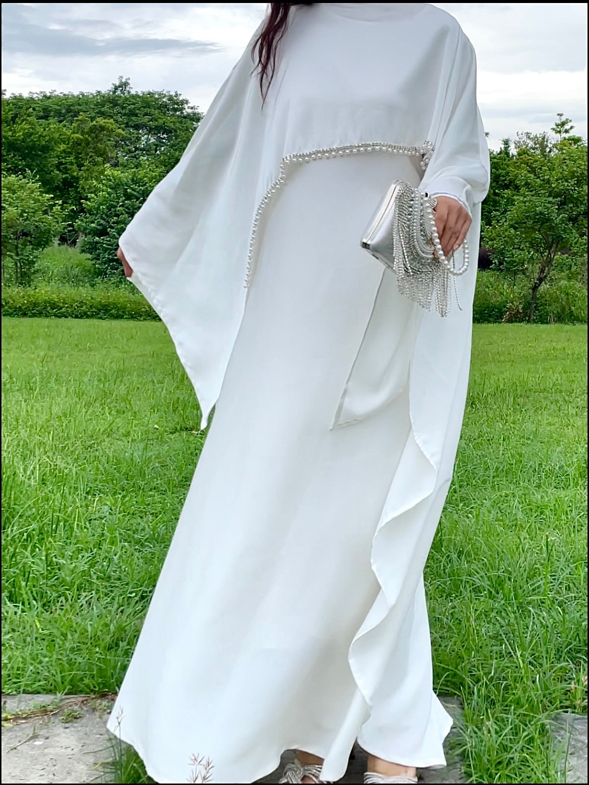 #LY03 Satin cape elegant dress , occasion abaya , Modest dress with pearl and crystal